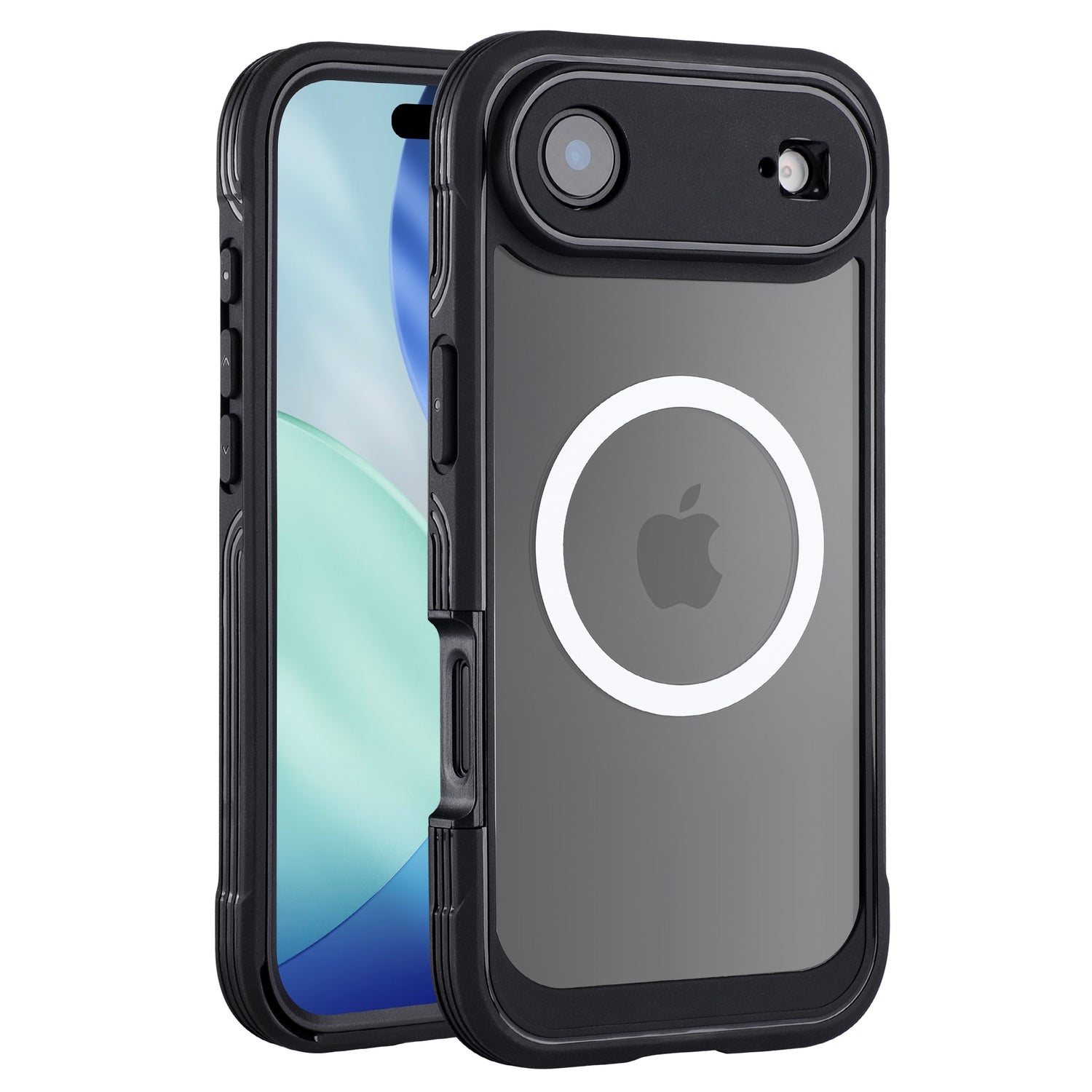 Das arktis iPhone Air Defender Case in Schwarz verfügt über einen MagSafe-Ring und bietet 360-Grad-Schutz, hier an einem iPhone 17 Air mit leuchtend grün-blauem Display.