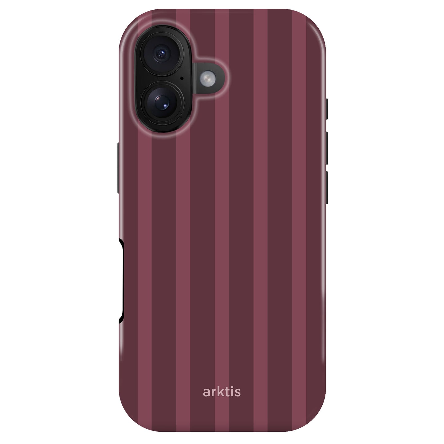 Arktis iPhone 17 Hülle – Burgundy Stripes, eine burgunderrote Handyhülle mit vertikalen dunklen Streifen.