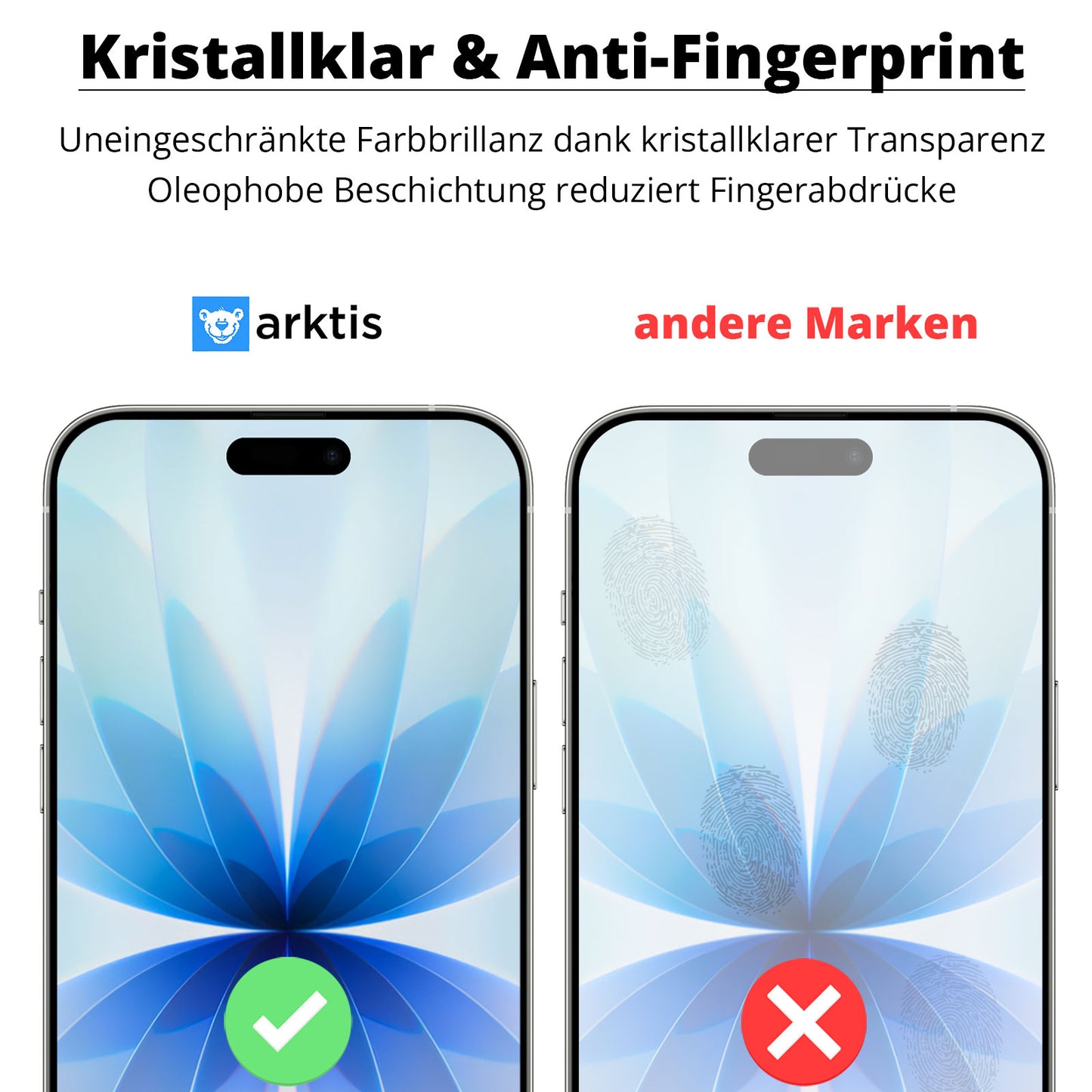 Links das iPhone 17 mit arktis Displayschutzfolie: klar und sauber dank Anti-Fingerabdruck-Beschichtung. Rechts ohne Folie: Fingerabdrücke und unscharfes Display.