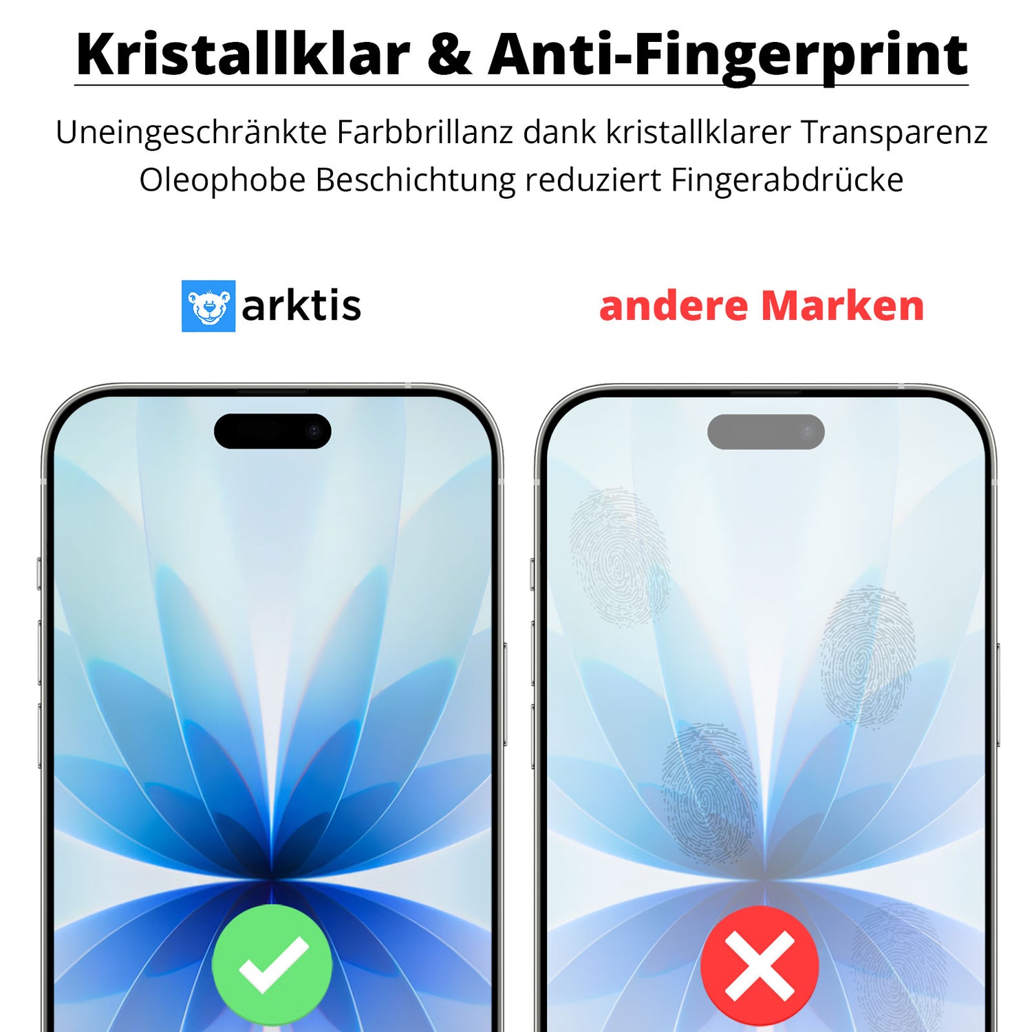 Links das iPhone 17 mit arktis Displayschutzfolie: klar und sauber dank Anti-Fingerabdruck-Beschichtung. Rechts ohne Folie: Fingerabdrücke und unscharfes Display.