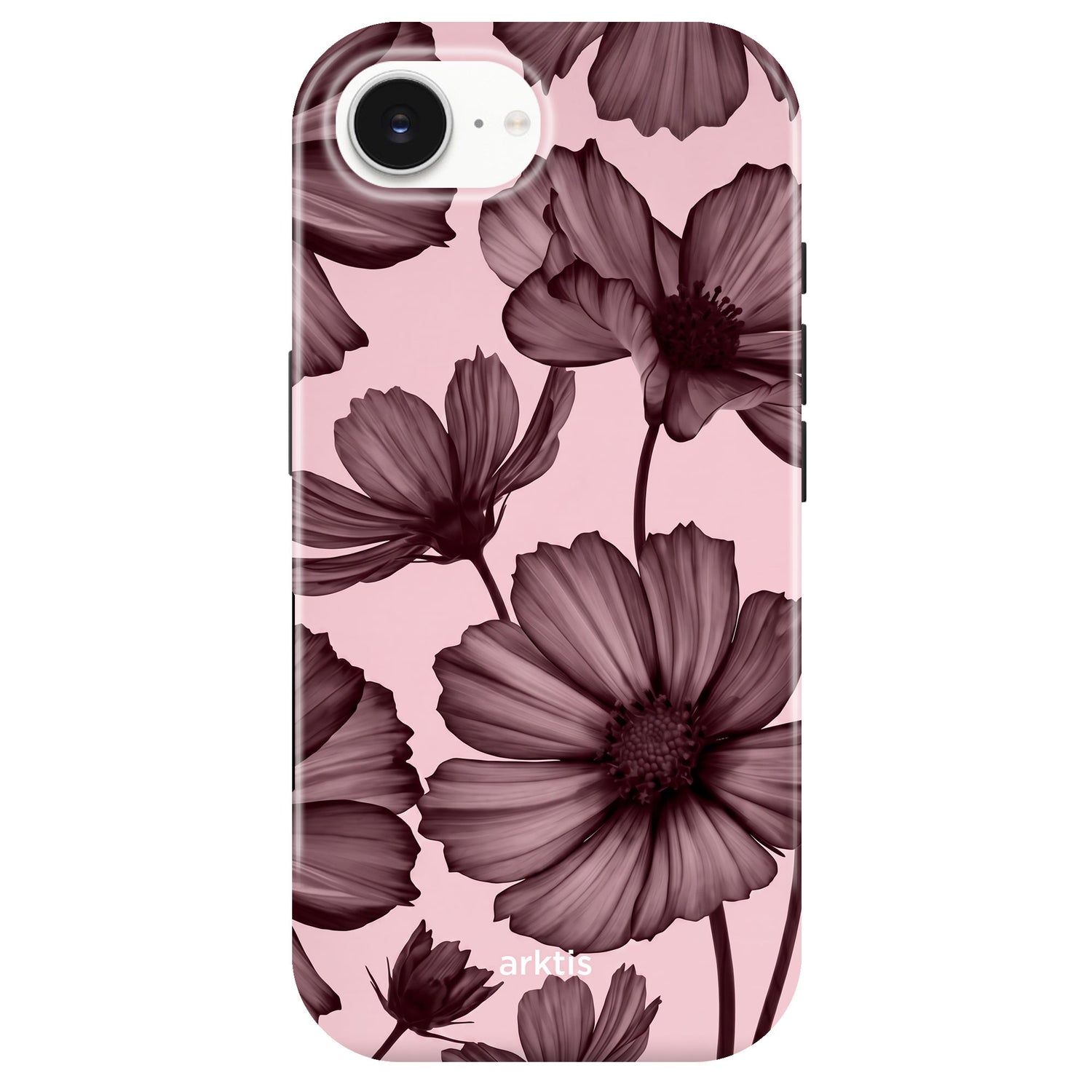 Die arktis iPhone 16e Hülle - Bloom Case von arktis bietet stoßabsorbierenden TPU-Silikon-Schutz und stilvolles Design mit großen dunkelvioletten Blumen auf hellrosa Hintergrund, kompatibel mit MagSafe.
