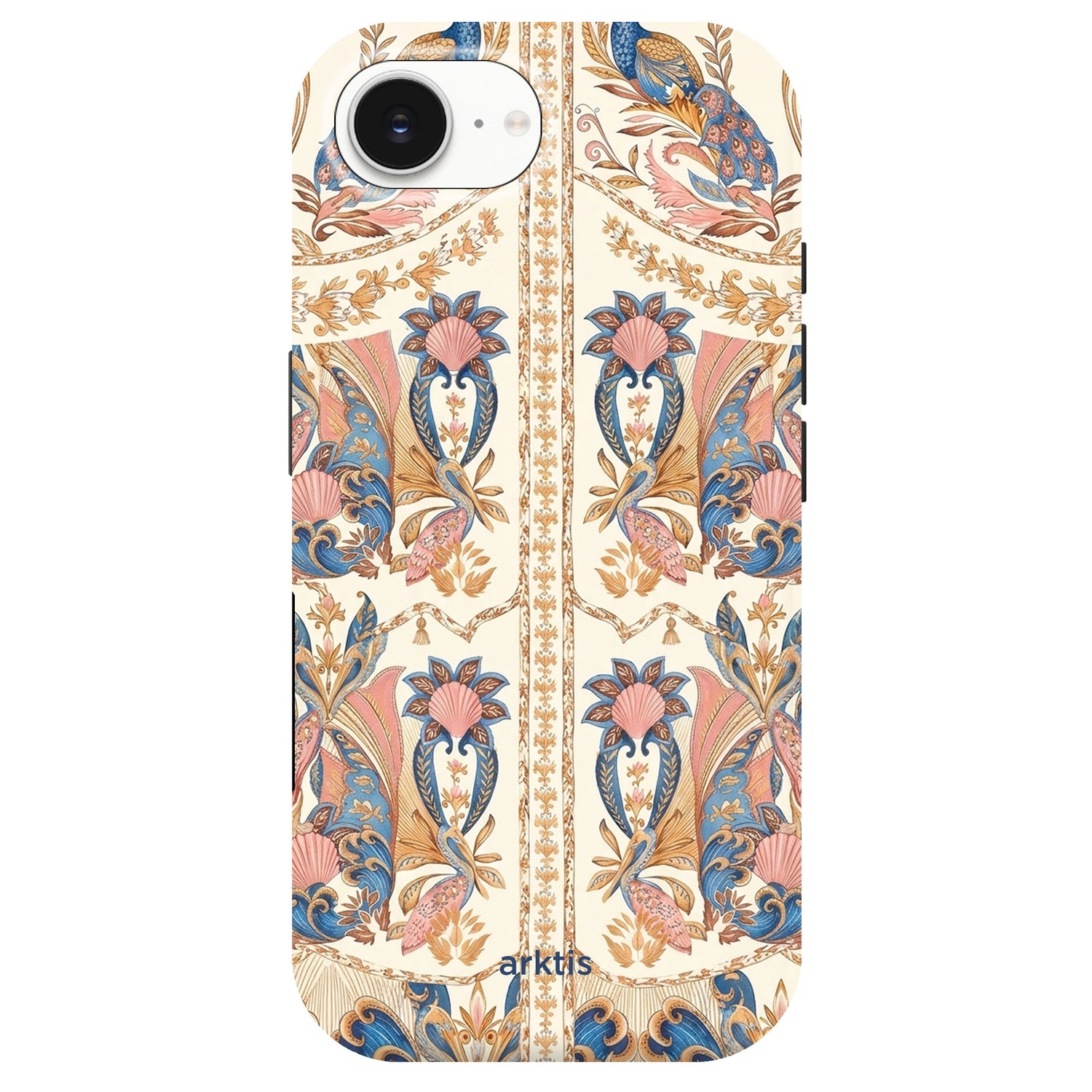 Schützen Sie Ihr iPhone 17e stilvoll mit der arktis iPhone 17e Hülle - Peacock Palace: eine blaue, rosafarbene und goldene Blumenhülle auf Creme, hergestellt aus stoßabsorbierendem TPU-Silikon, MagSafe kompatibel für Mode und Schutz.