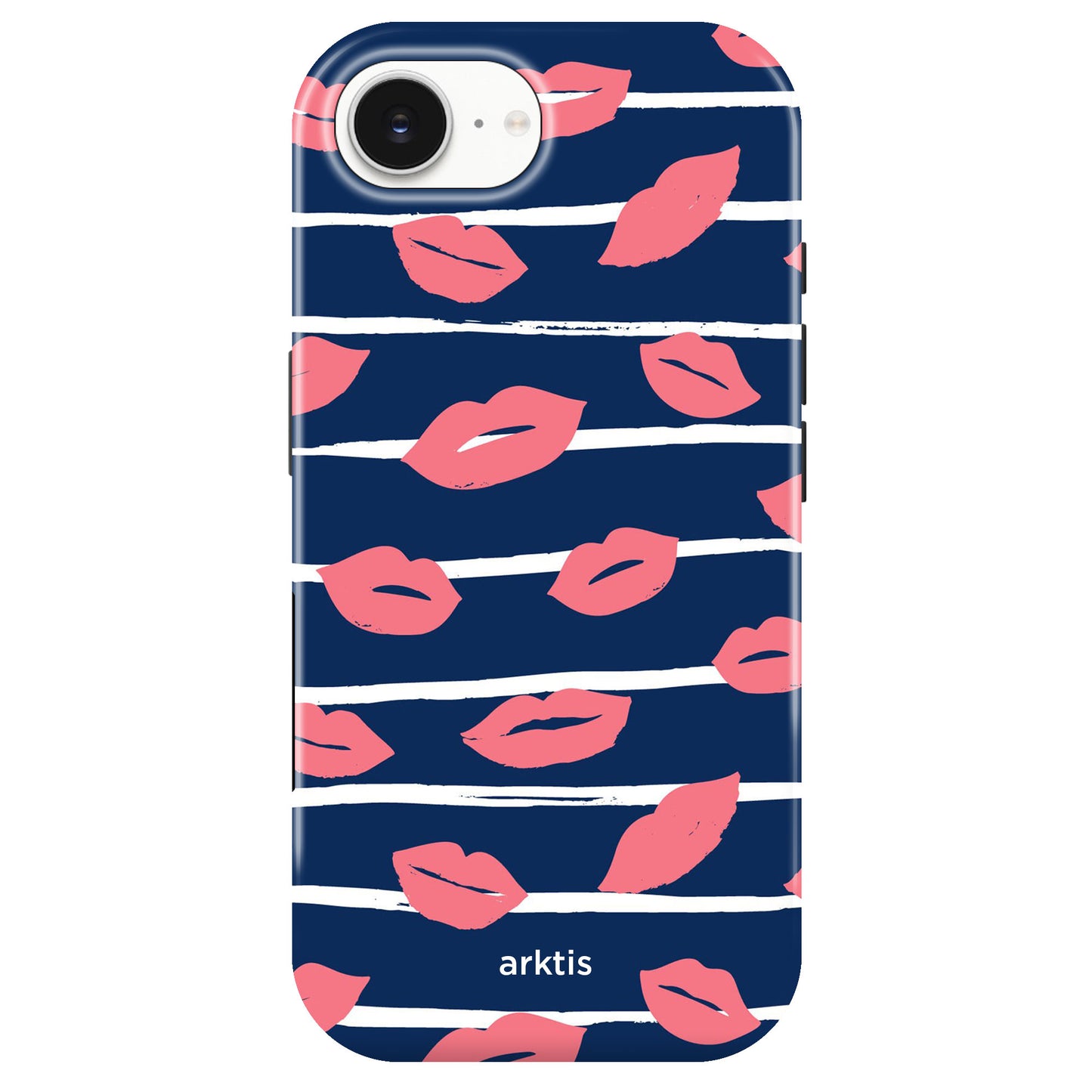 Arktis iPhone 16e Hülle - Kisses: Navy Case mit pinken Lippen und weißen Streifen, stoßabsorbierendem TPU-Silikon und arktis-Logo am unteren Rand.