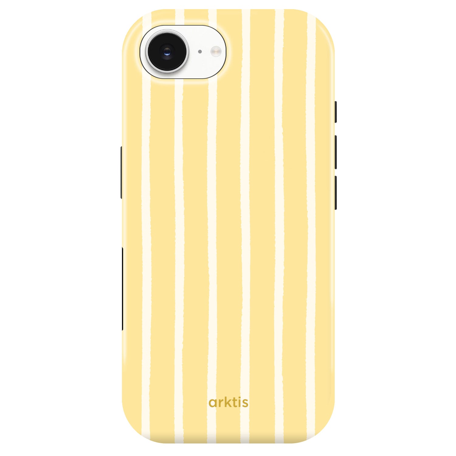 Die arktis iPhone 16e Hülle - Sunny Stripes ist eine gelbe Hülle mit vertikalen weißen Streifen und "arktis" auf der Unterseite. Hergestellt aus stoßabsorbierendem TPU-Silikon, ist sie MagSafe kompatibel für einfaches Aufladen.