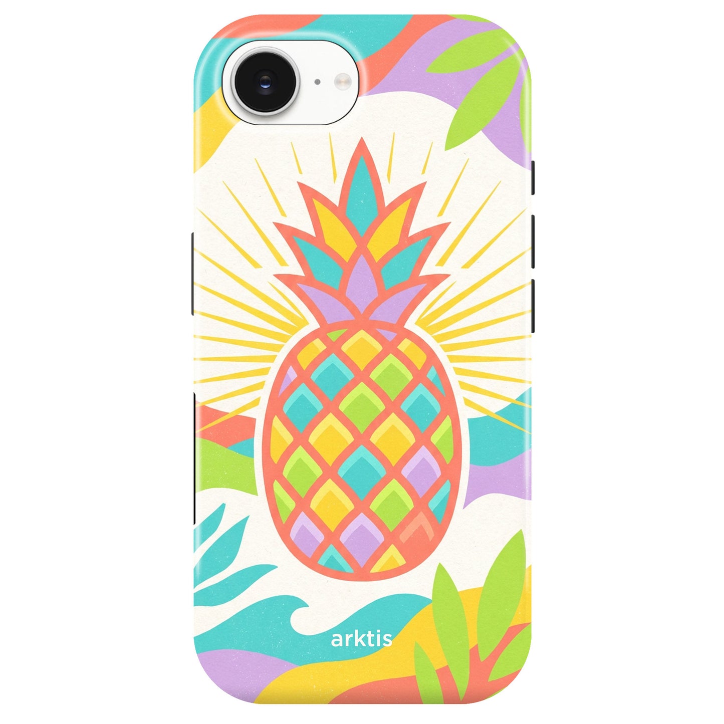 Die arktis iPhone 17e Hülle - Tropic Pineapple zeigt eine bunte Ananas mit abstrakten Blättern und Strahlen, hergestellt aus stoßabsorbierendem TPU-Silikon für optimalen Schutz. MagSafe-kompatibel. Marke: arktis.