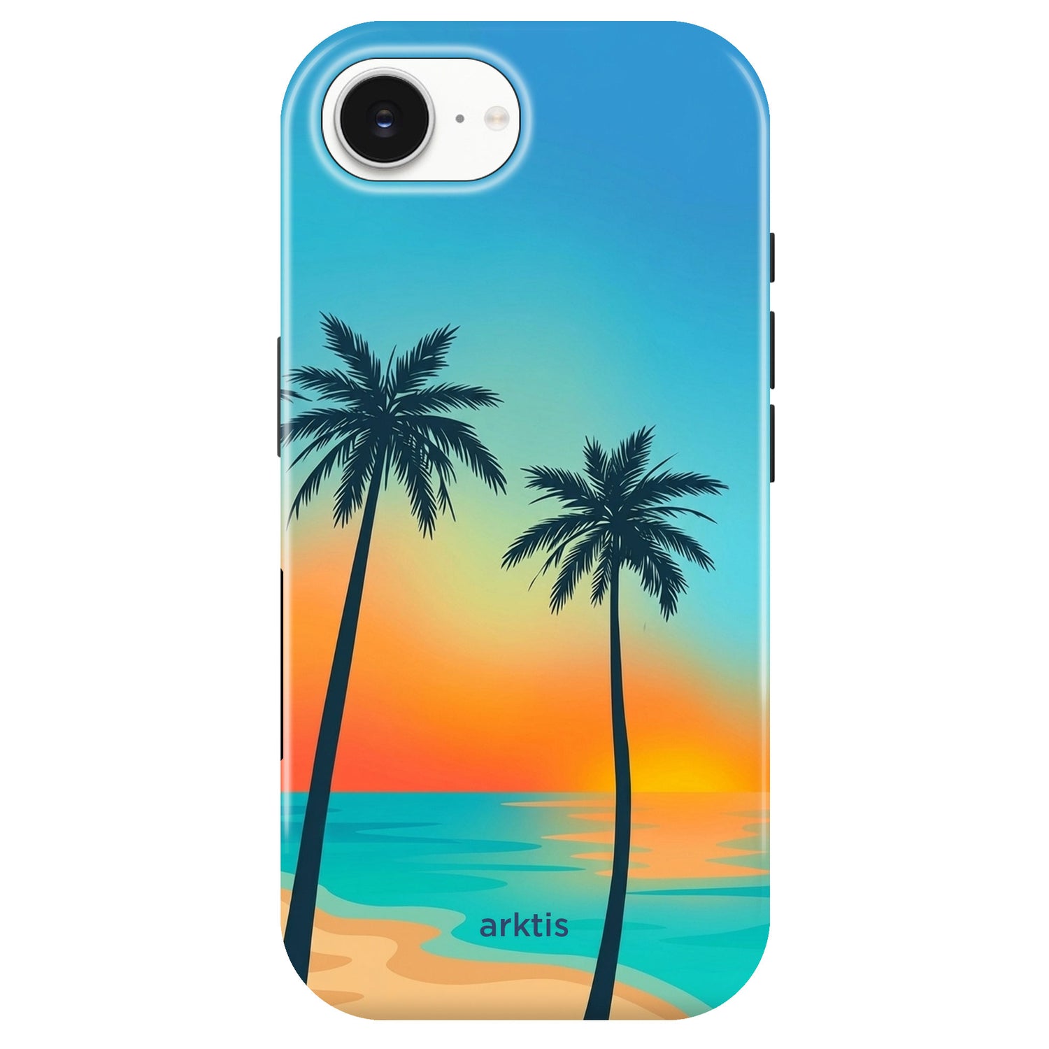 Die arktis iPhone 17e Hülle - Sunset Beach von arktis ist MagSafe-kompatibel, besteht aus stoßabsorbierendem TPU-Silikon und zeigt ein farbenfrohes Strand-Sonnenuntergang-Design mit zwei Palmen.