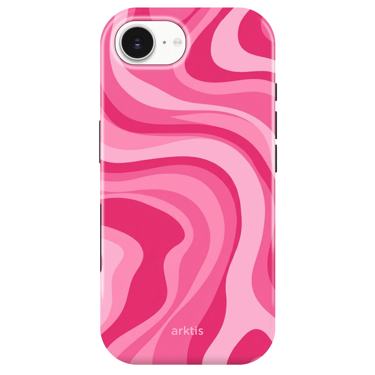 Die arktis iPhone 16e Hülle - Aura Pink hat ein abstraktes Wellendesign in Pink und Magenta, ein sichtbares arktis Logo an der Unterseite, ist MagSafe-kompatibel und besteht aus stoßabsorbierendem TPU-Silikon.
