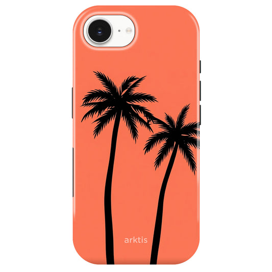 Die arktis iPhone 16e Hülle - Coral Coast zeigt zwei schwarze Palmen und "arktis" am unteren Rand, besteht aus stoßabsorbierendem TPU-Silikon und ist MagSafe-kompatibel.