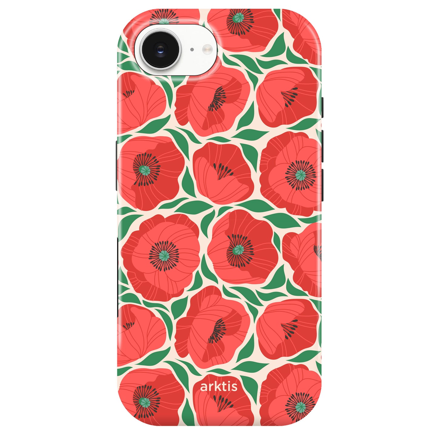 Arktis iPhone 16e Hülle - Summer Garden mit rotem Mohnblumen- und grünen Blättern auf hellem Hintergrund, stoßabsorbierendes TPU-Silikon, MagSafe kompatibel, dezentes arktis Branding am unteren Rand.