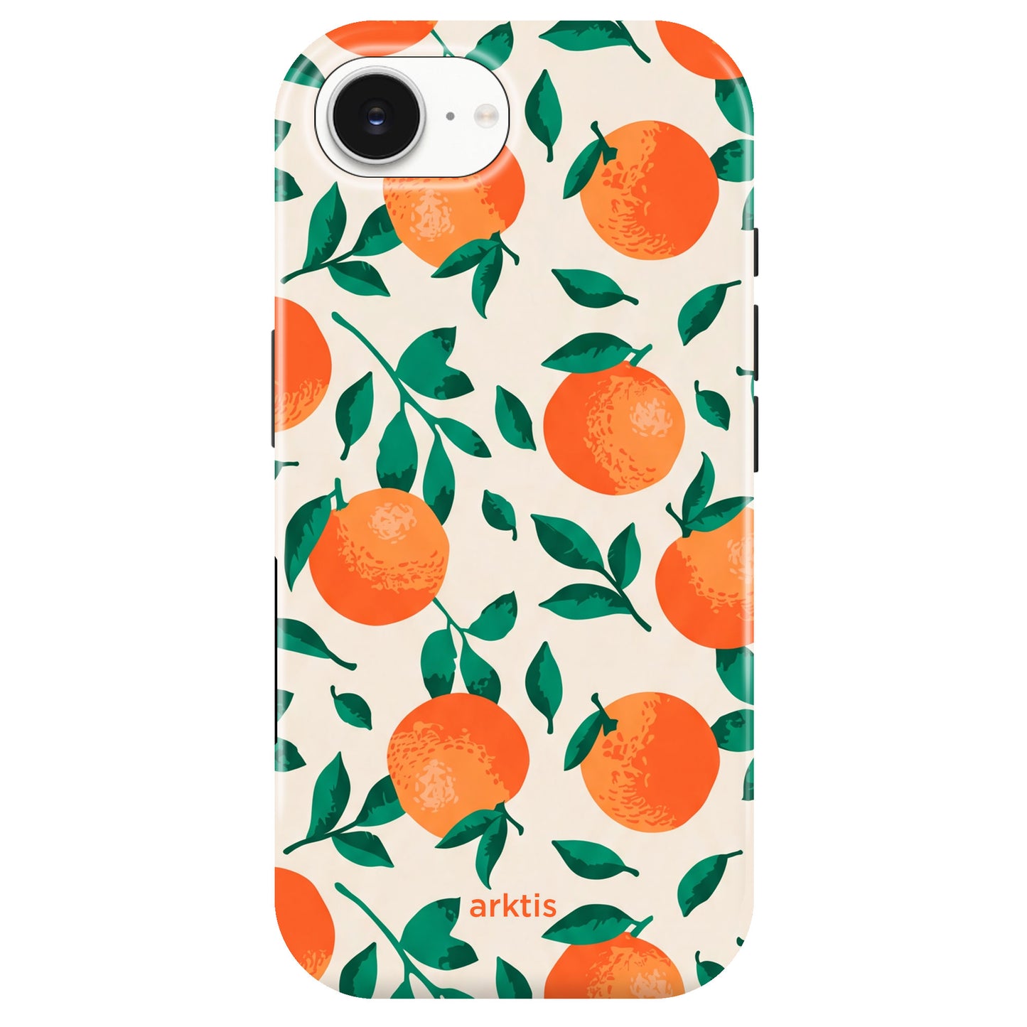 Die arktis iPhone 16e Hülle - Orange Tree aus TPU-Silikon ist MagSafe-kompatibel und zeigt ein Muster aus leuchtenden Orangen mit grünen Blättern auf hellem Hintergrund.