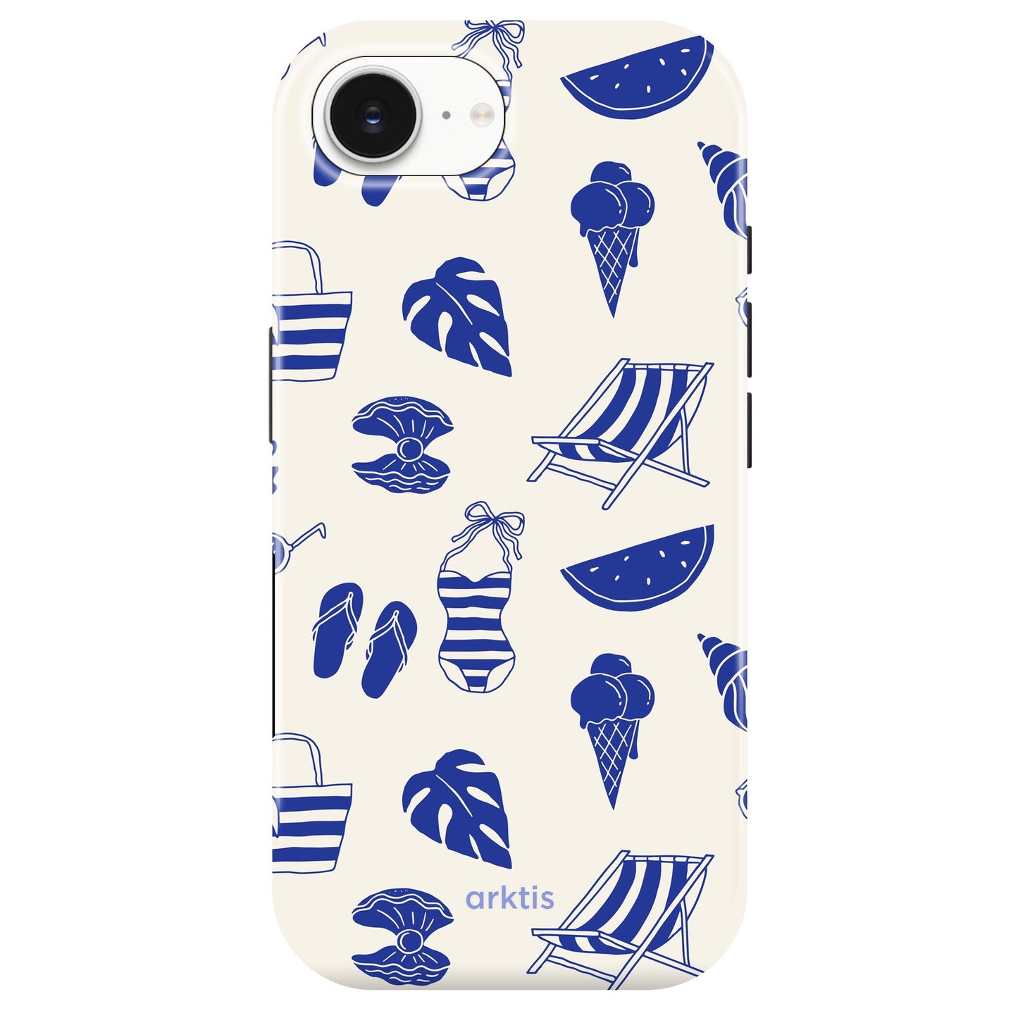 Die arktis iPhone 16e Hülle - Beach Style zeigt blaue Sommermotive - Eiscreme, Badeanzug, Flip-Flops - aus stoßabsorbierendem TPU-Silikon. MagSafe kompatibel für müheloses Aufladen.