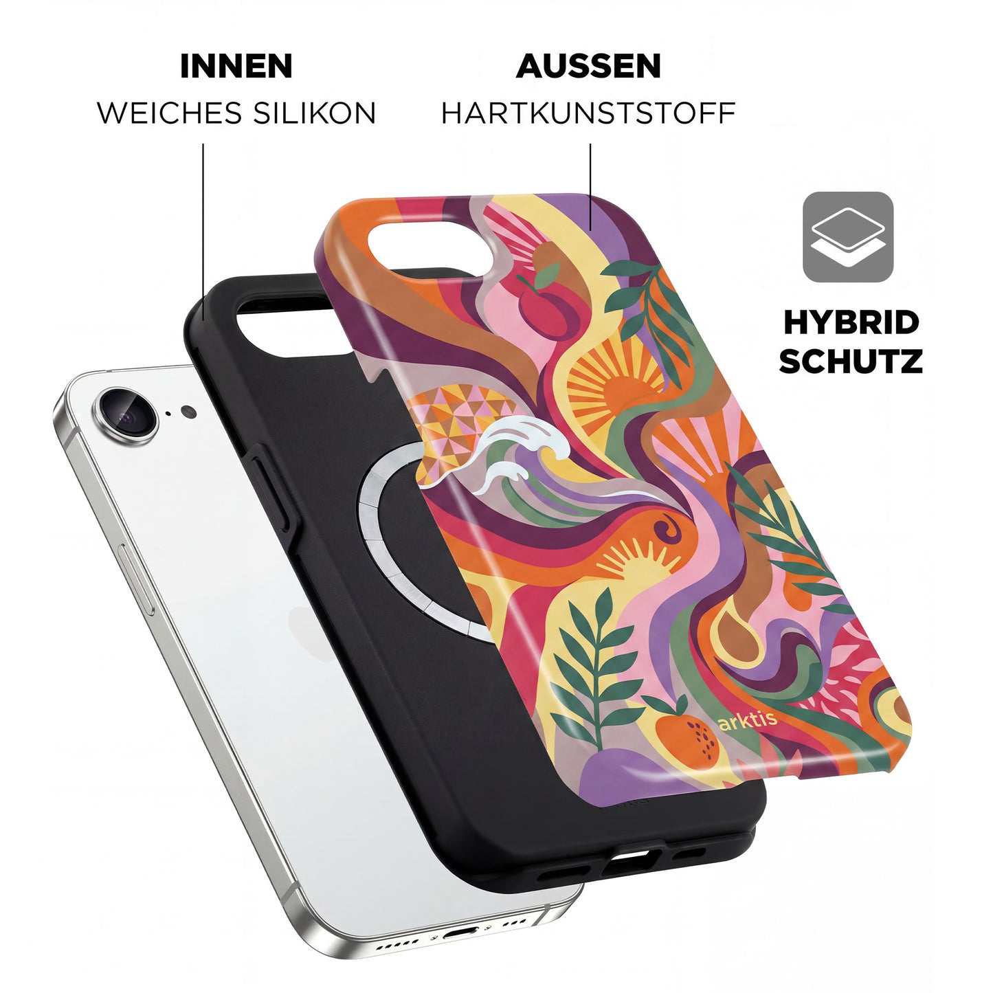 Die arktis iPhone 16e Hülle – Summer besticht durch ein farbenfrohes, abstraktes Design, eine stoßdämpfende Innenseite aus TPU-Silikon, eine Außenseite aus Hartplastik für hybriden Schutz und ist MagSafe-kompatibel für einfaches Aufladen.