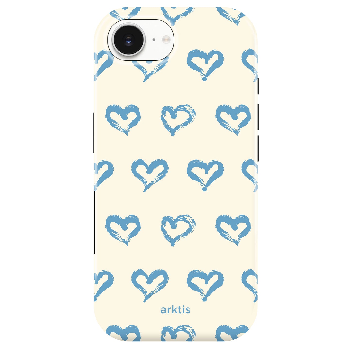 Die arktis iPhone 17e Hülle - Blue Hearts zeigt blaue, handgezeichnete Herzen auf cremefarbenem Hintergrund, hergestellt aus stoßdämpfendem TPU-Silikon, MagSafe-kompatibel, mit dem arktis-Logo an der Unterseite.