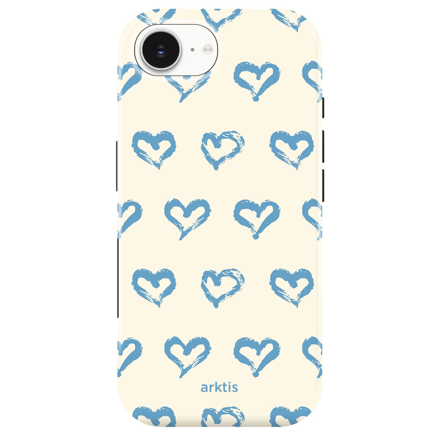 Die arktis iPhone 17e Hülle - Blue Hearts zeigt blaue, handgezeichnete Herzen auf cremefarbenem Hintergrund, hergestellt aus stoßdämpfendem TPU-Silikon, MagSafe-kompatibel, mit dem arktis-Logo an der Unterseite.
