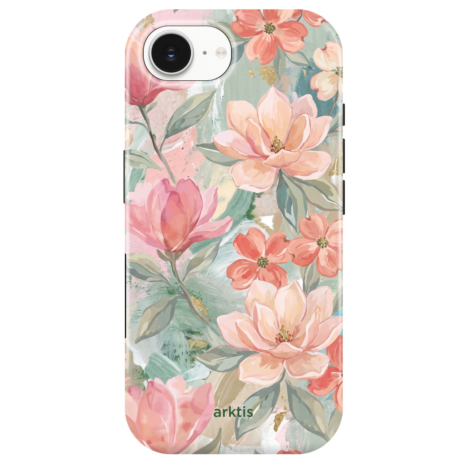 Die arktis iPhone 16e Hülle - Pastel Flowers zeigt ein stilvolles pastellfarbenes Blumendesign mit rosa und pfirsichfarbenen Blumen und grünen Blättern auf hellem Hintergrund. Hergestellt aus TPU-Silikon, ist sie MagSafe kompatibel für einfaches Aufladen und sicheren Gebrauch.