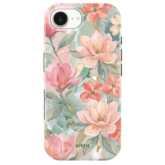 Die arktis iPhone 16e Hülle - Pastel Flowers zeigt ein stilvolles pastellfarbenes Blumendesign mit rosa und pfirsichfarbenen Blumen und grünen Blättern auf hellem Hintergrund. Hergestellt aus TPU-Silikon, ist sie MagSafe kompatibel für einfaches Aufladen und sicheren Gebrauch.
