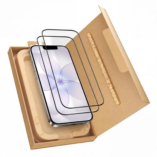 Ein arktis 2er Set iPhone 17e REVOLUTION Glas-Displayschutz in umweltfreundlicher, offener EZ.INSTALL Box Kartonverpackung.