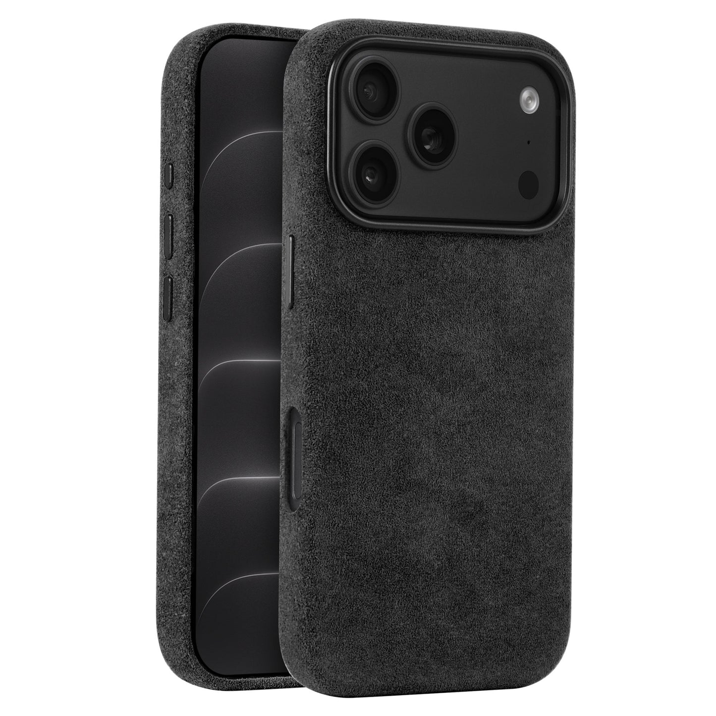 arktis iPhone Alcantara Hülle in Schwarz, aufrecht stehend