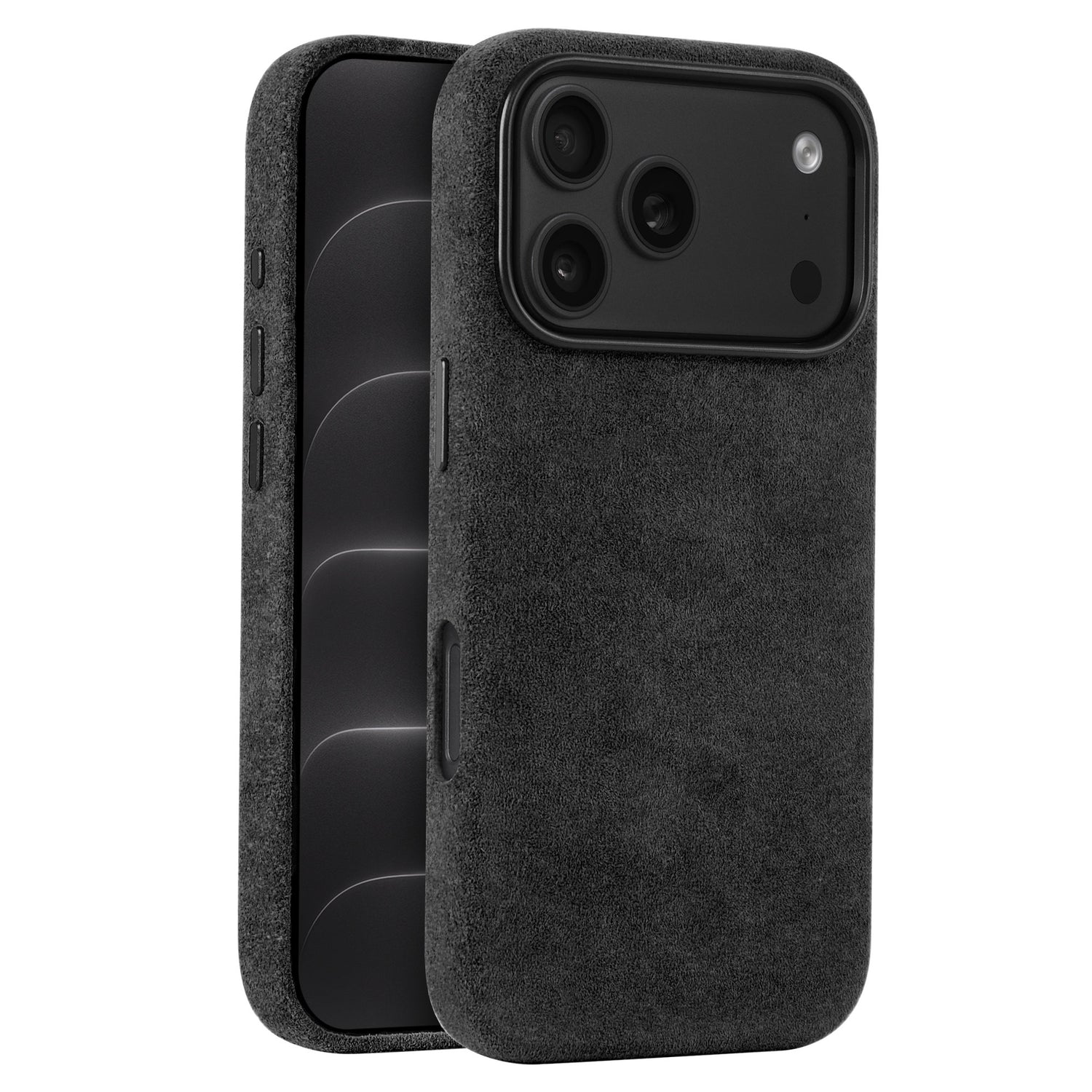 arktis iPhone Alcantara Hülle in Schwarz, aufrecht stehend