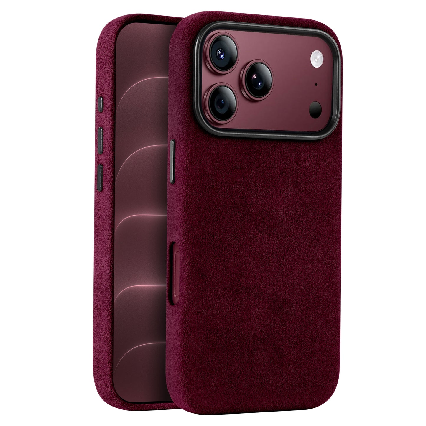 arktis iPhone Alcantara Hülle in Burgunder, Vorder- und Rückansicht