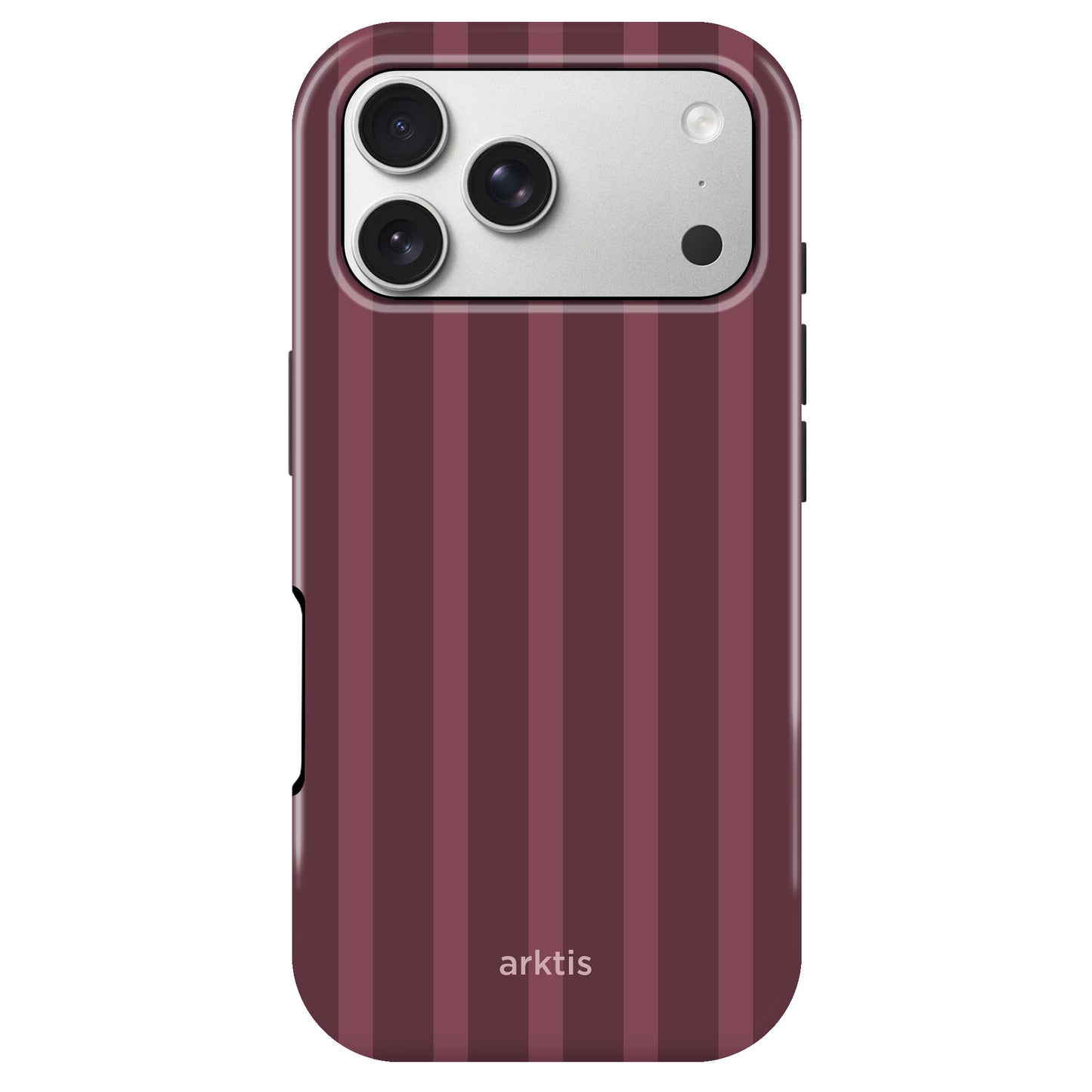 Arktis iPhone 17 Pro Hülle – Burgundy Stripes mit burgunderfarbenen und dunkelroten Streifen sowie einer silbernen Kameraaussparung.