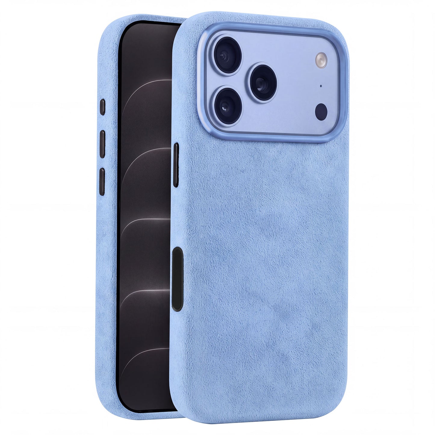 arktis iPhone Alcantara Hülle in Hellblau, Vorder- und Rückansicht