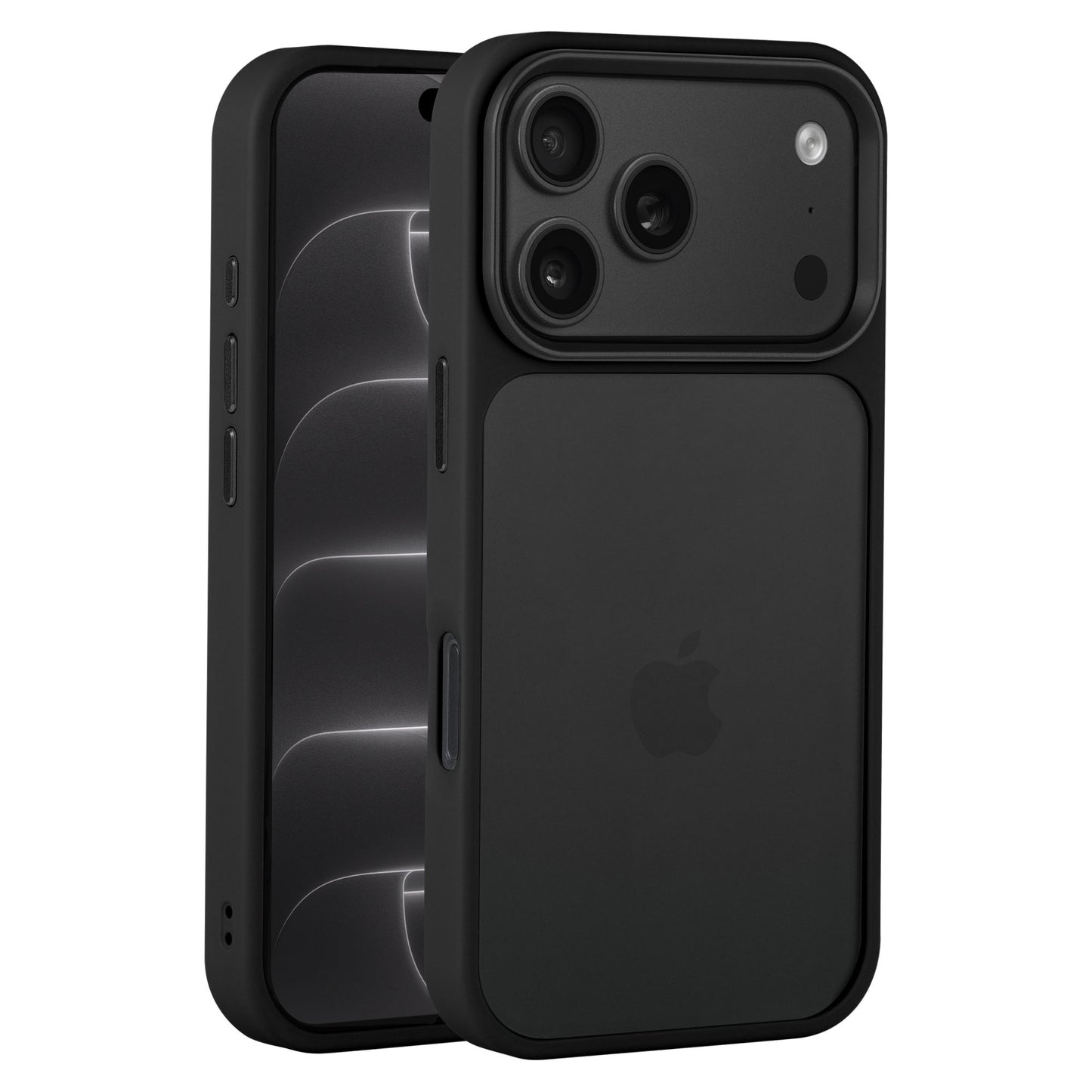 Zwei schwarze iPhones in Hüllen: Bei einem ist die Rückseite mit den Kameras zu sehen, beim anderen der Bildschirm auf der Vorderseite. Beide Geräte sind durch die „Arktis iPhone 17 Pro Max Solid Case“ geschützt – eine hochwertige TPU-Silikonhülle von Arktis, die optimalen Schutz mit einem stilvollen, matten Design verbindet.