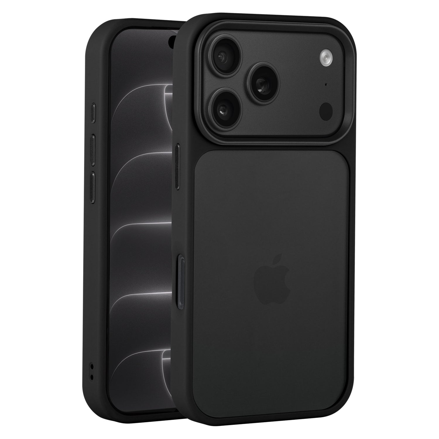 Zwei schwarze iPhones in Hüllen: Bei einem ist die Rückseite mit den Kameras zu sehen, beim anderen der Bildschirm auf der Vorderseite. Beide Geräte sind durch die „Arktis iPhone 17 Pro Max Solid Case“ geschützt – eine hochwertige TPU-Silikonhülle von Arktis, die optimalen Schutz mit einem stilvollen, matten Design verbindet.