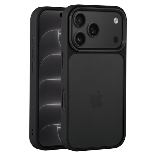 Zwei schwarze iPhones in Hüllen: Bei einem ist die Rückseite mit den Kameras zu sehen, beim anderen der Bildschirm auf der Vorderseite. Beide Geräte sind durch die „Arktis iPhone 17 Pro Max Solid Case“ geschützt – eine hochwertige TPU-Silikonhülle von Arktis, die optimalen Schutz mit einem stilvollen, matten Design verbindet.