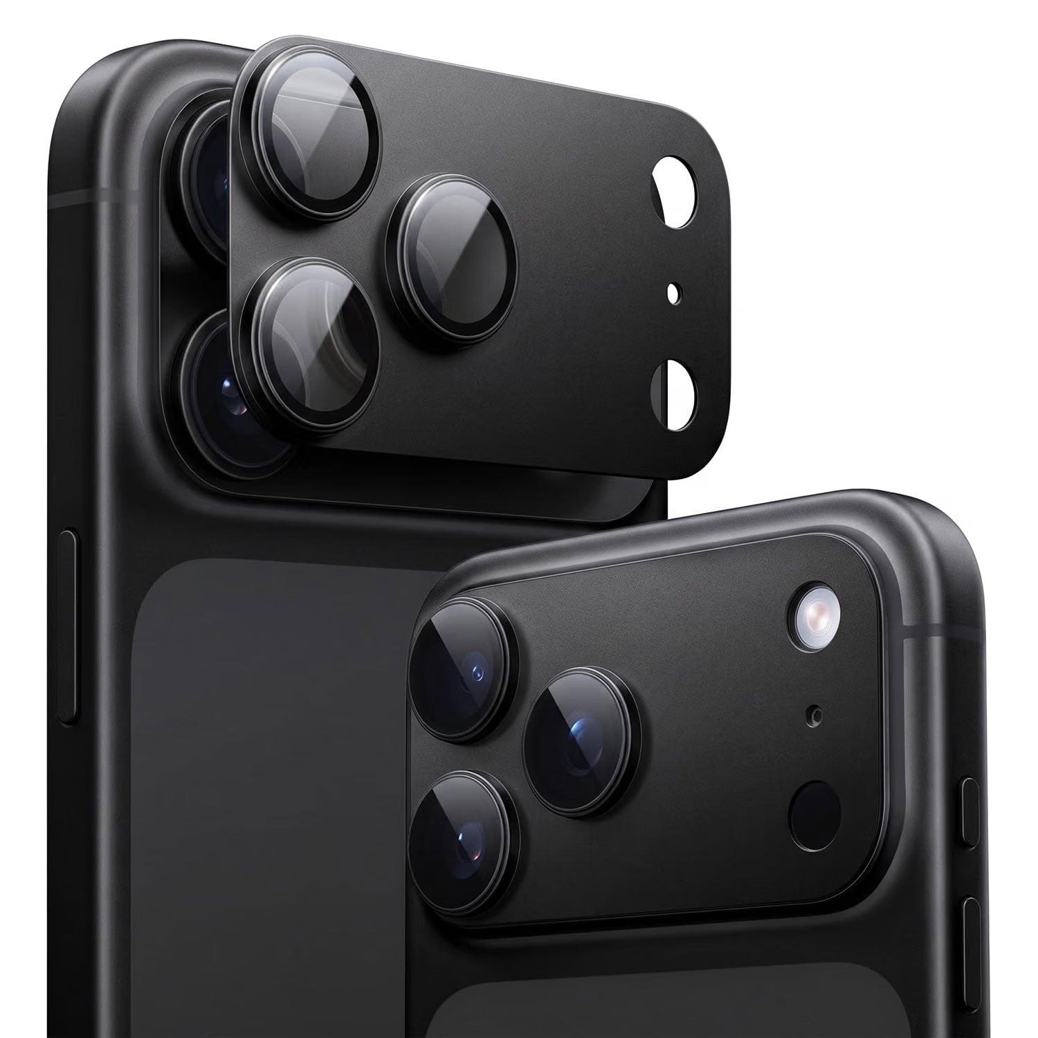 Nahaufnahme von zwei schwarzen Smartphones; eines davon ist mit dem „arktis iPhone 18 Pro Max CamShield“ ausgestattet, einem abnehmbaren Dreifachkamera-Aufsatz von arktis, der sich durch verbesserten Schutz und robustes Kameraschutzglas für einen hervorragenden Schutz der Kamera auszeichnet.