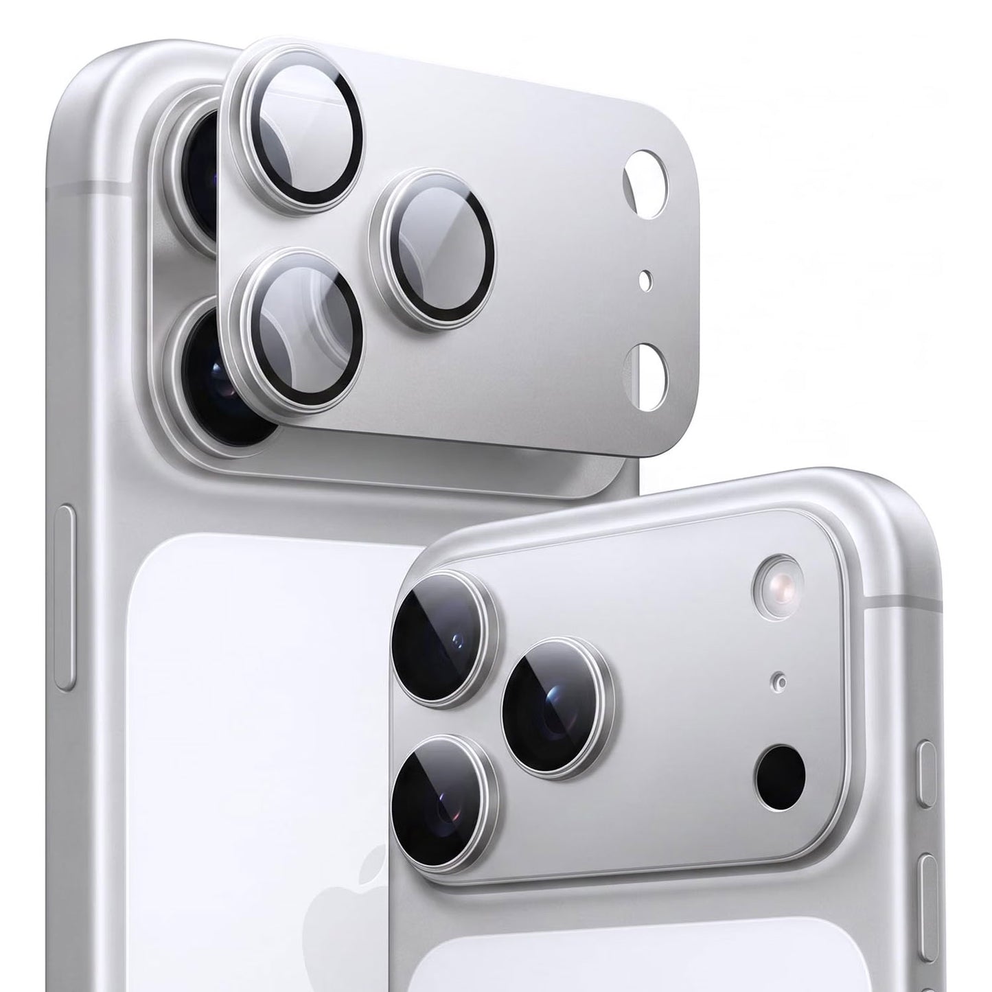 Zwei silberne iPhones, von denen eines mit einem „arktis iPhone 18 Pro Max CamShield“-Kameraschutz versehen ist, der sorgfältig über die drei Kameralinsen auf der Rückseite angebracht wurde und so für ultimativen Schutz und Klarheit der iPhone-Kamera von arktis sorgt.
