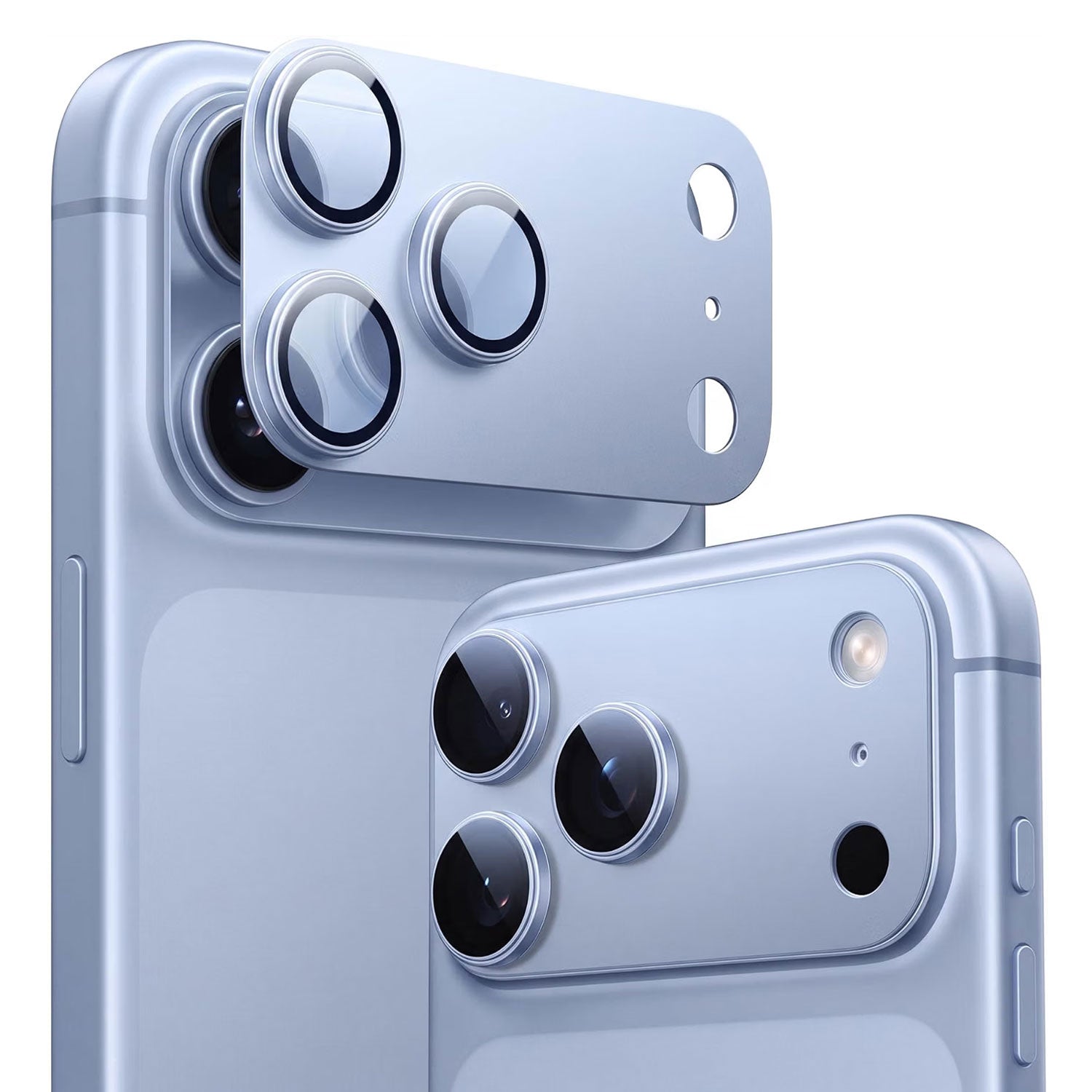 Nahaufnahme von zwei hellblauen Smartphones, von denen eines mit dem „arktis iPhone 18 Pro Max CamShield Kameraschutz“ von arktis ausgestattet ist – mit einer abnehmbaren Kameraobjektivabdeckung über den drei Kameras für einen verbesserten Glasschutz.