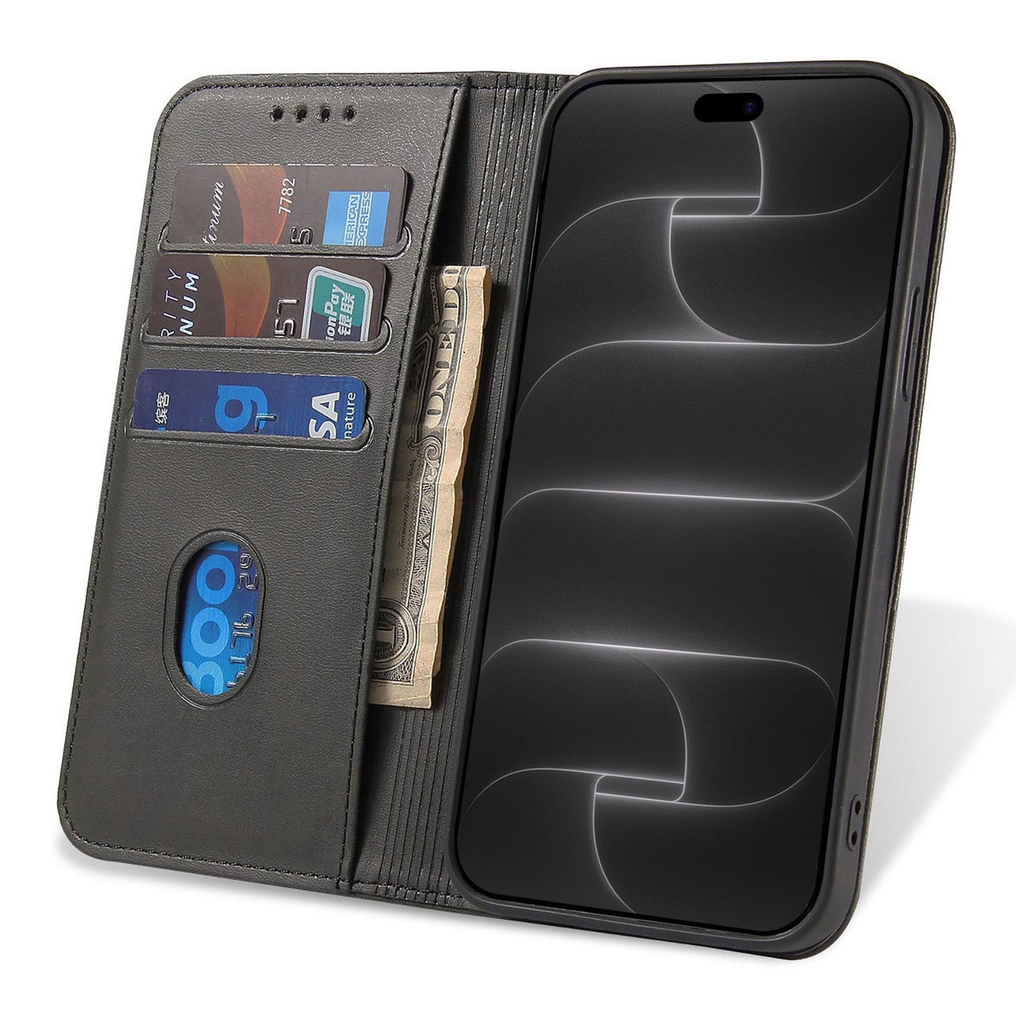 arktis iPhone Book Case in Schwarz, geöffnet mit Kartenfächern