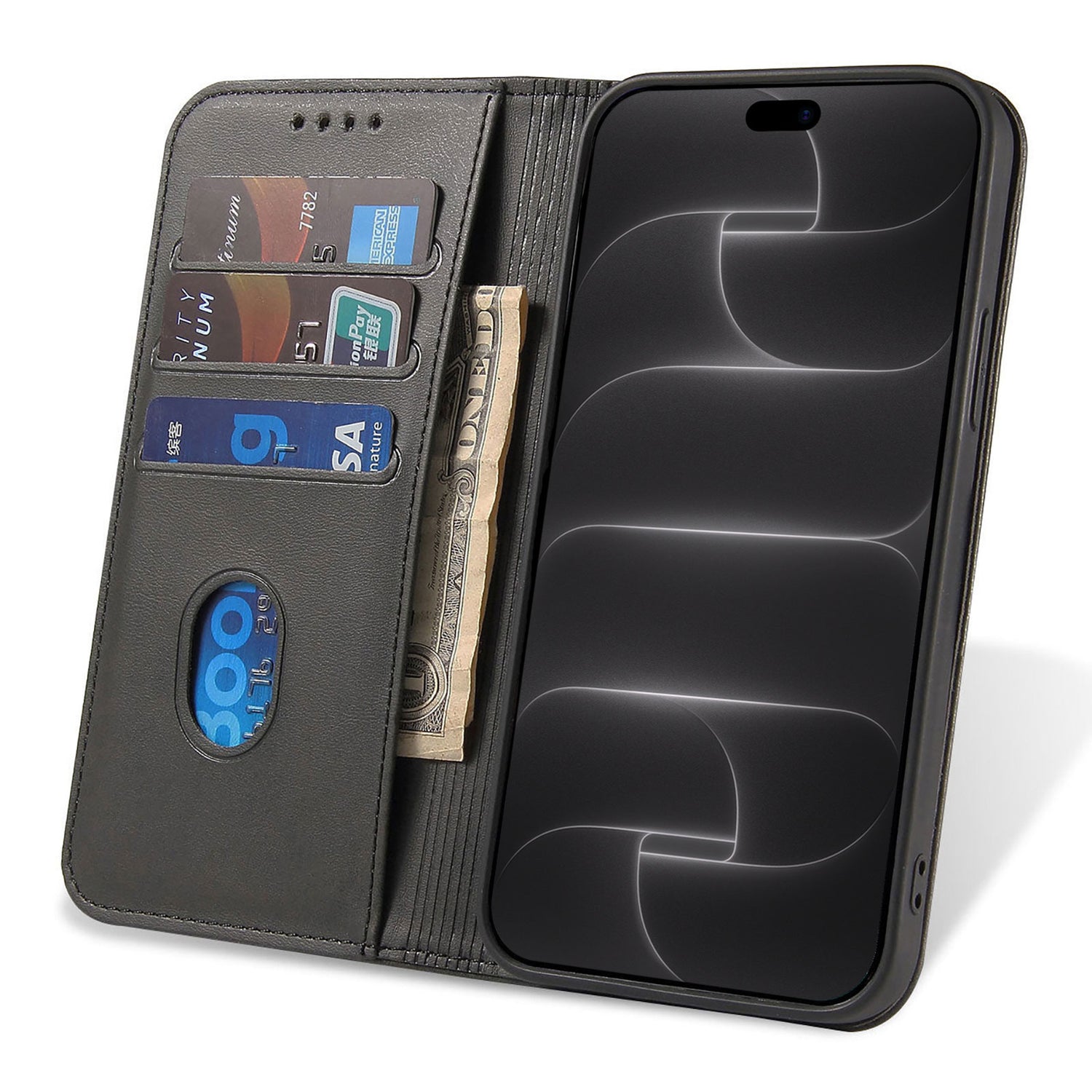 arktis iPhone Book Case in Schwarz, geöffnet mit Kartenfächern