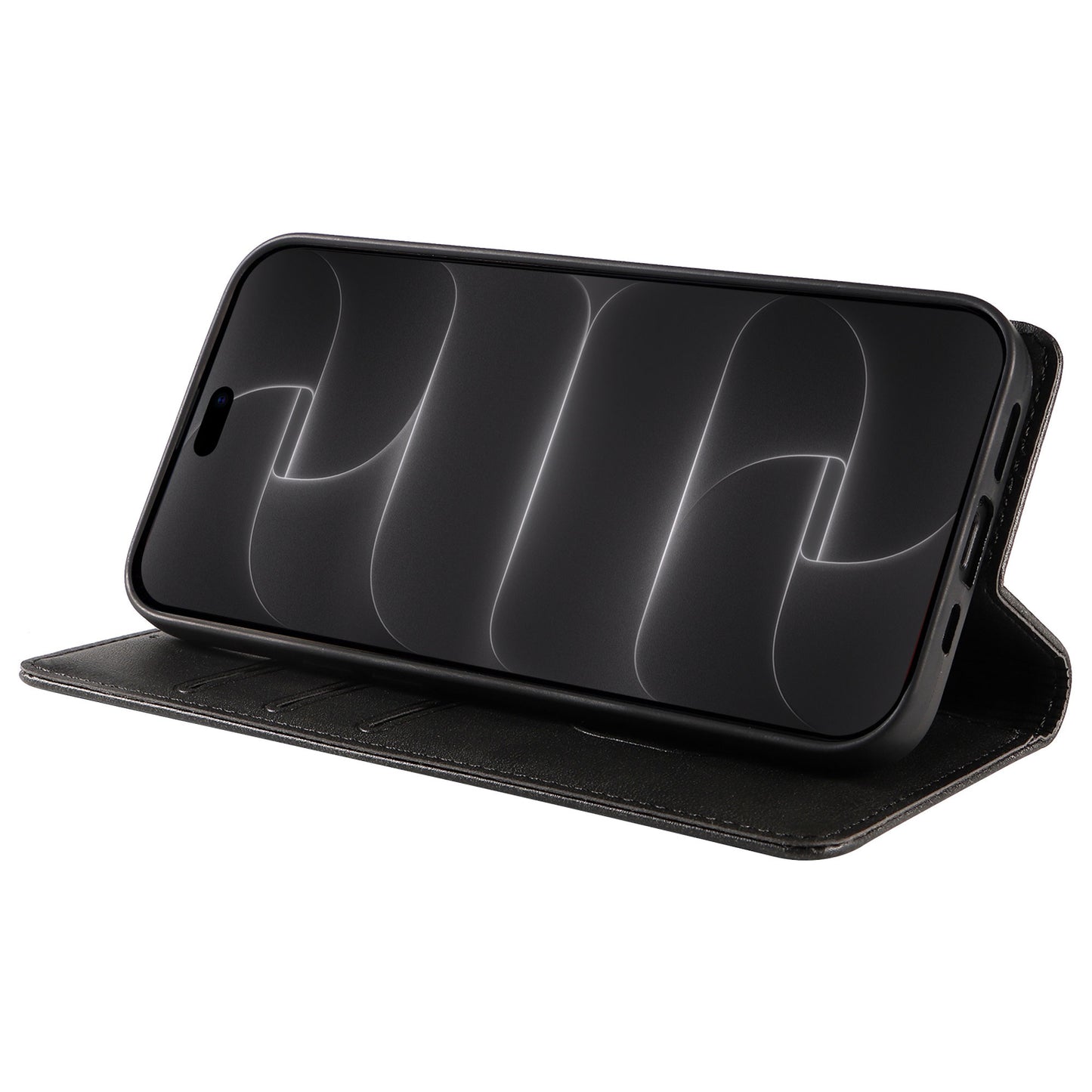 arktis iPhone Book Case in Schwarz, als Ständer im Querformat aufgestellt