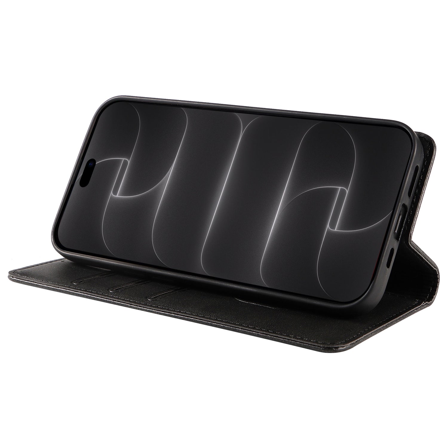 arktis iPhone Book Case in Schwarz, als Ständer im Querformat aufgestellt