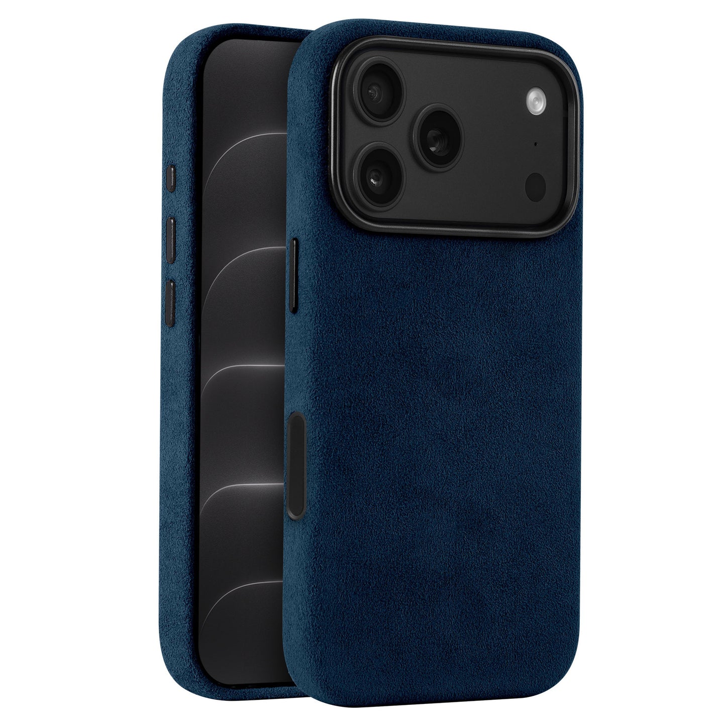 arktis iPhone Alcantara Hülle in Dunkelblau, Vorder- und Rückansicht