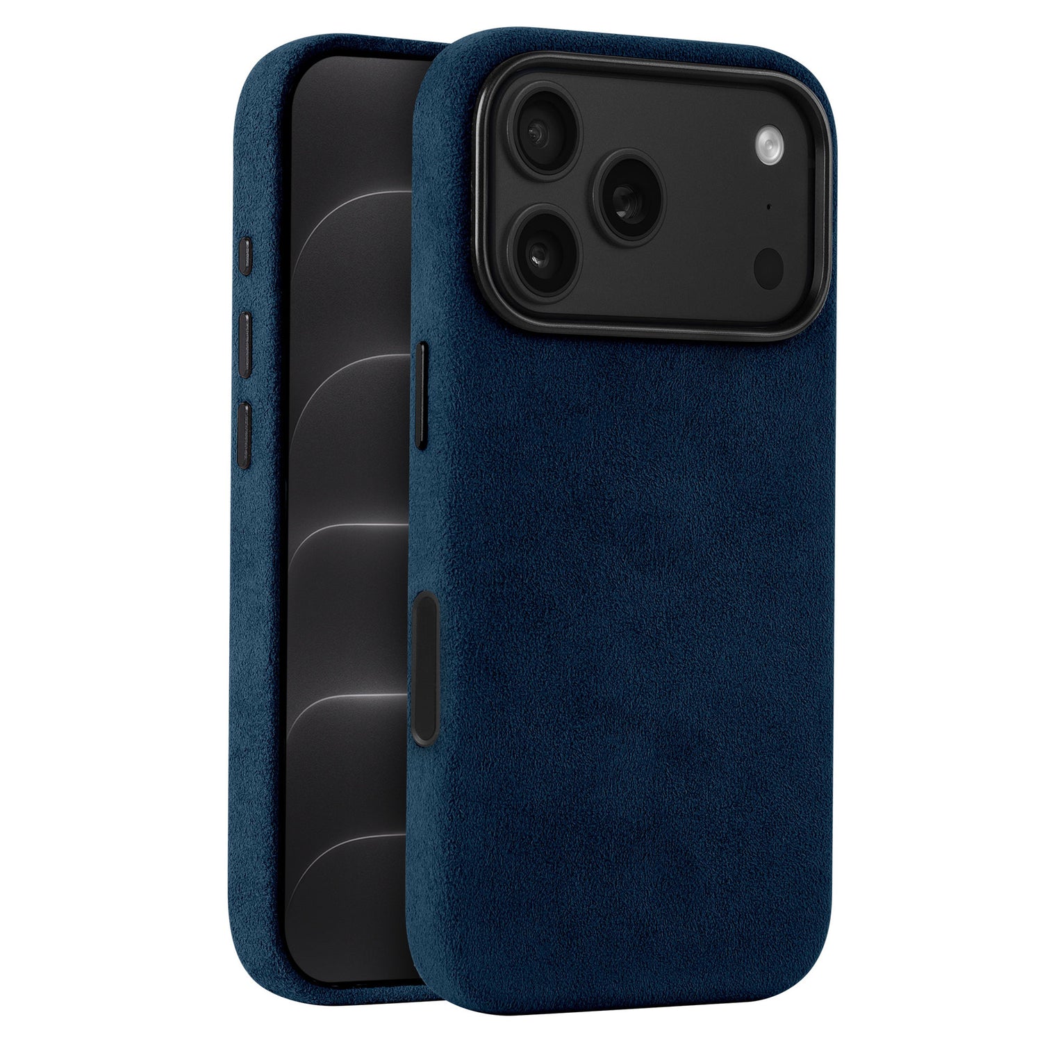 arktis iPhone Alcantara Hülle in Dunkelblau, Vorder- und Rückansicht