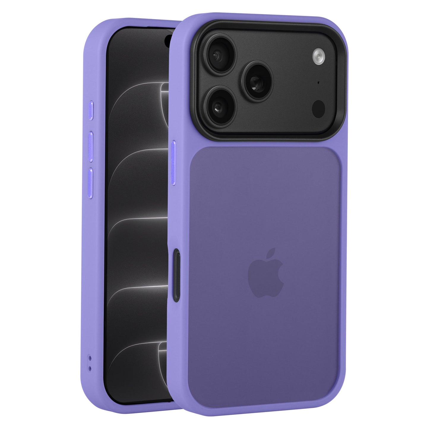 Lila iPhone mit einer passenden, matten „Arktis“ iPhone 17 Pro Max Solid-Hülle von Arktis, die perfekt darauf ausgelegt ist, die Rückkamera und das Apple-Logo mit elegantem TPU-Silikon-Schutz zur Geltung zu bringen.