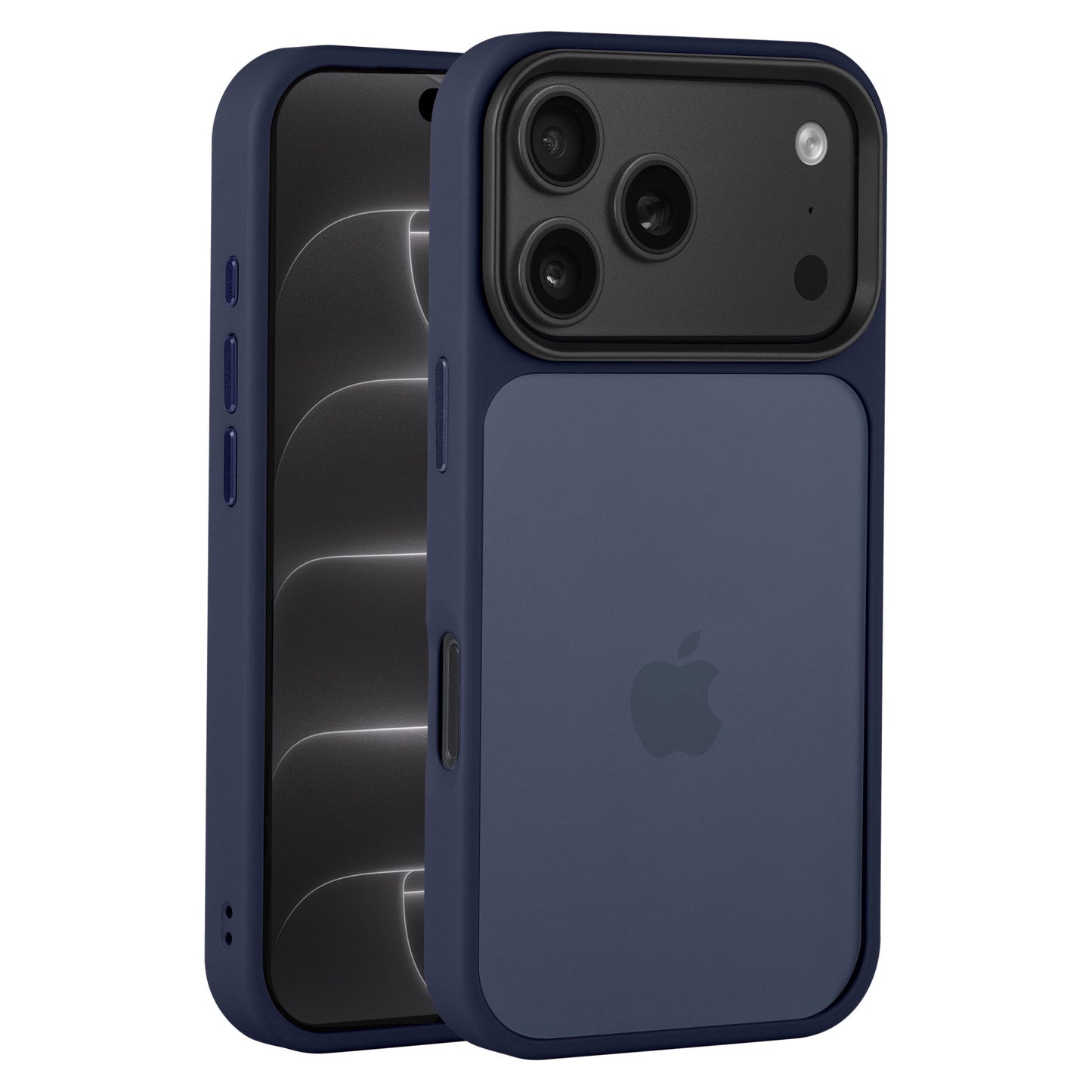Zwei blaue Arktis iPhone 17 Pro Max-Geräte in Schutzhüllen, von denen eines den Bildschirm zeigt und das andere die Rückseite mit den Kameras. Jedes Gerät ist durch eine Arktis iPhone 17 Pro Max Solid Case aus stoßdämpfendem TPU-Silikon geschützt – ideal als passgenaue Hülle von Arktis.