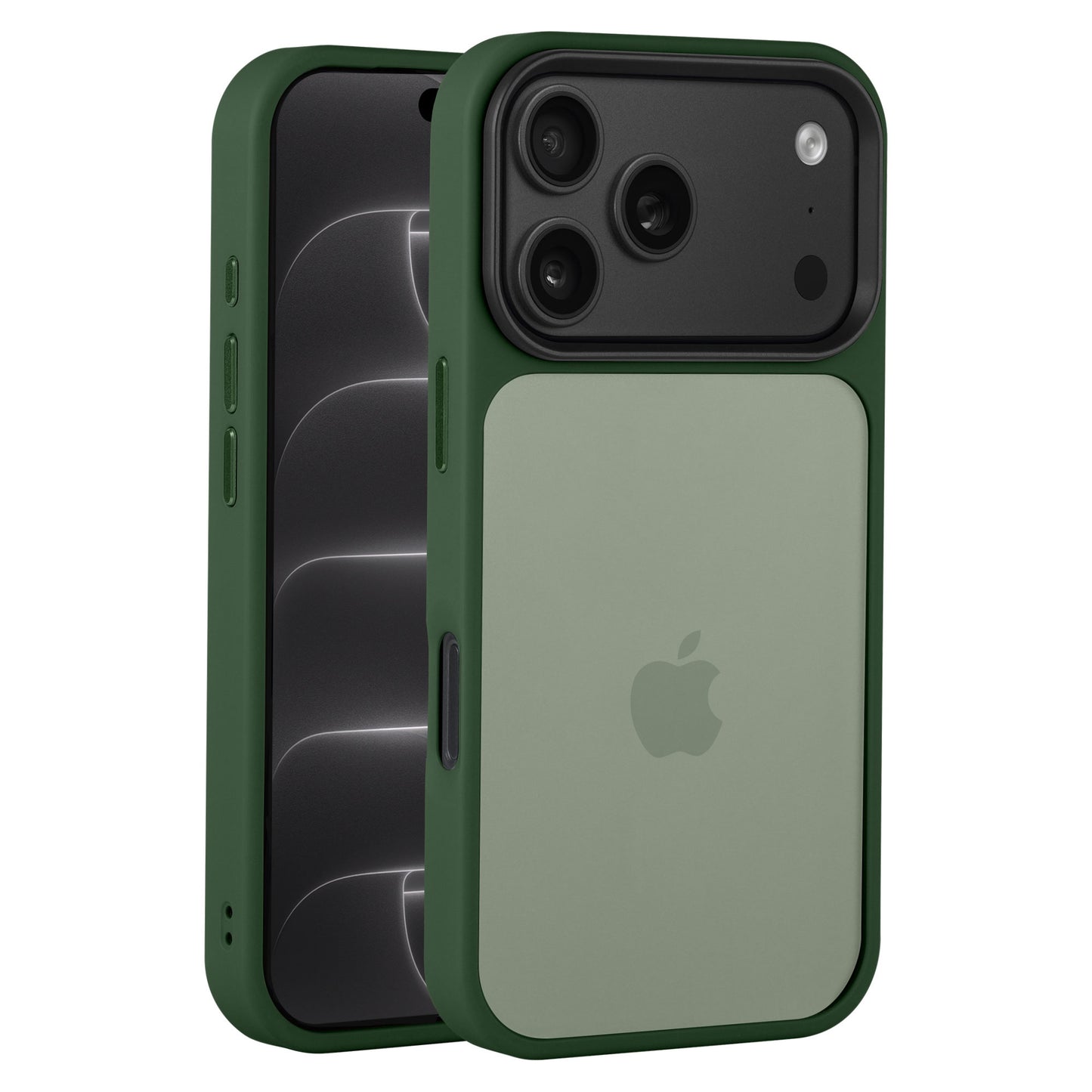 Die Arktis iPhone 17 Pro Max Solid-Hülle in Grün, hier von vorne und hinten abgebildet, weist eine erhöhte Kameraausbuchtung und das Apple-Logo auf. Diese matte Hülle von Arktis besteht aus stoßdämpfendem TPU-Silikon für verbesserten Schutz und ist vollständig MagSafe-kompatibel.