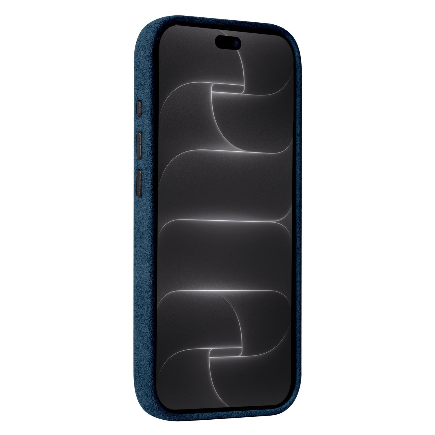 arktis iPhone Alcantara Hülle in Blau, schräge Vorderansicht