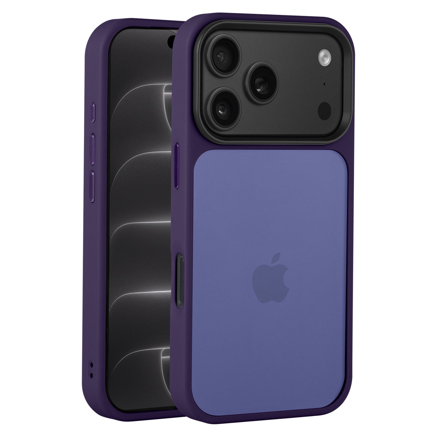 Arktis iPhone 17 Pro Max Solid Case von Arktis in passendem mattem Lila, hergestellt aus stoßdämpfendem TPU-Silikon, abgebildet auf einem lila Apple iPhone 17 Pro Max. Sowohl die Vorder- als auch die Rückansicht sind vor einem weißen Hintergrund zu sehen.