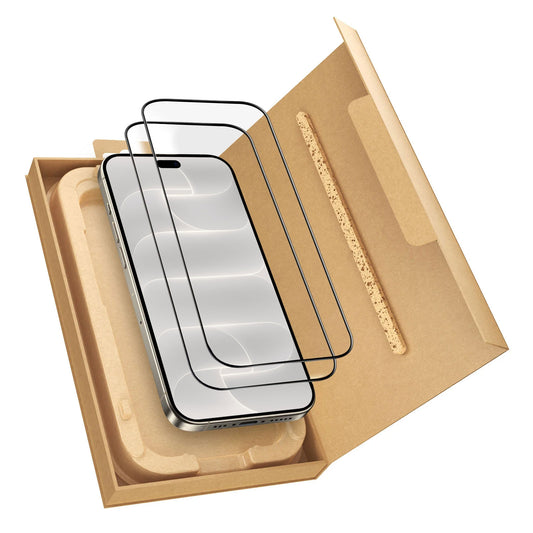Ein „Arktis“ 2er-Set „iPhone 18 Pro Max REVOLUTION“ Glas-Displayschutz in einer offenen EZ.INSTALL-Box, verpackt in einer umweltfreundlichen Verpackung.