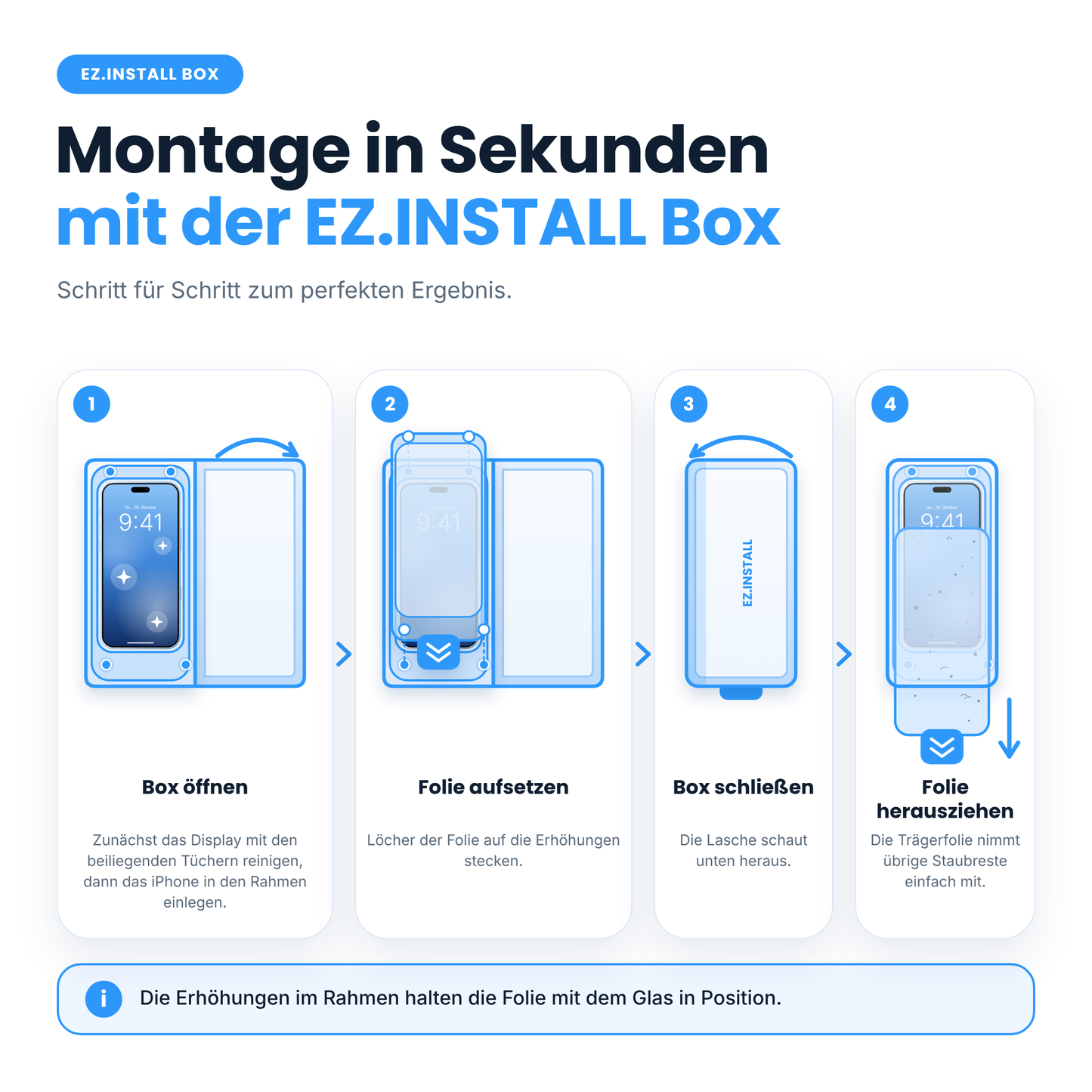Vier-Schritte-Anleitung zur Anbringung des arktis 2er Set iPhone 18 Pro REVOLUTION Glas-Displayschutz mithilfe einer Montagebox.