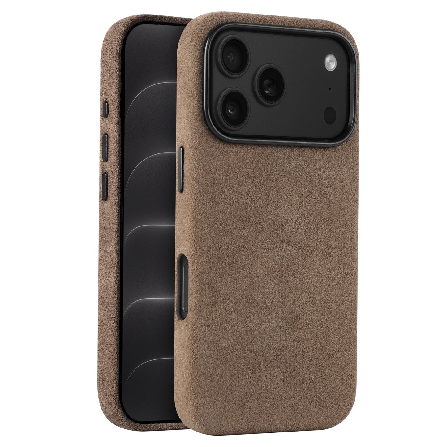 arktis iPhone Alcantara Hülle in Braun, am iPhone und abgenommen