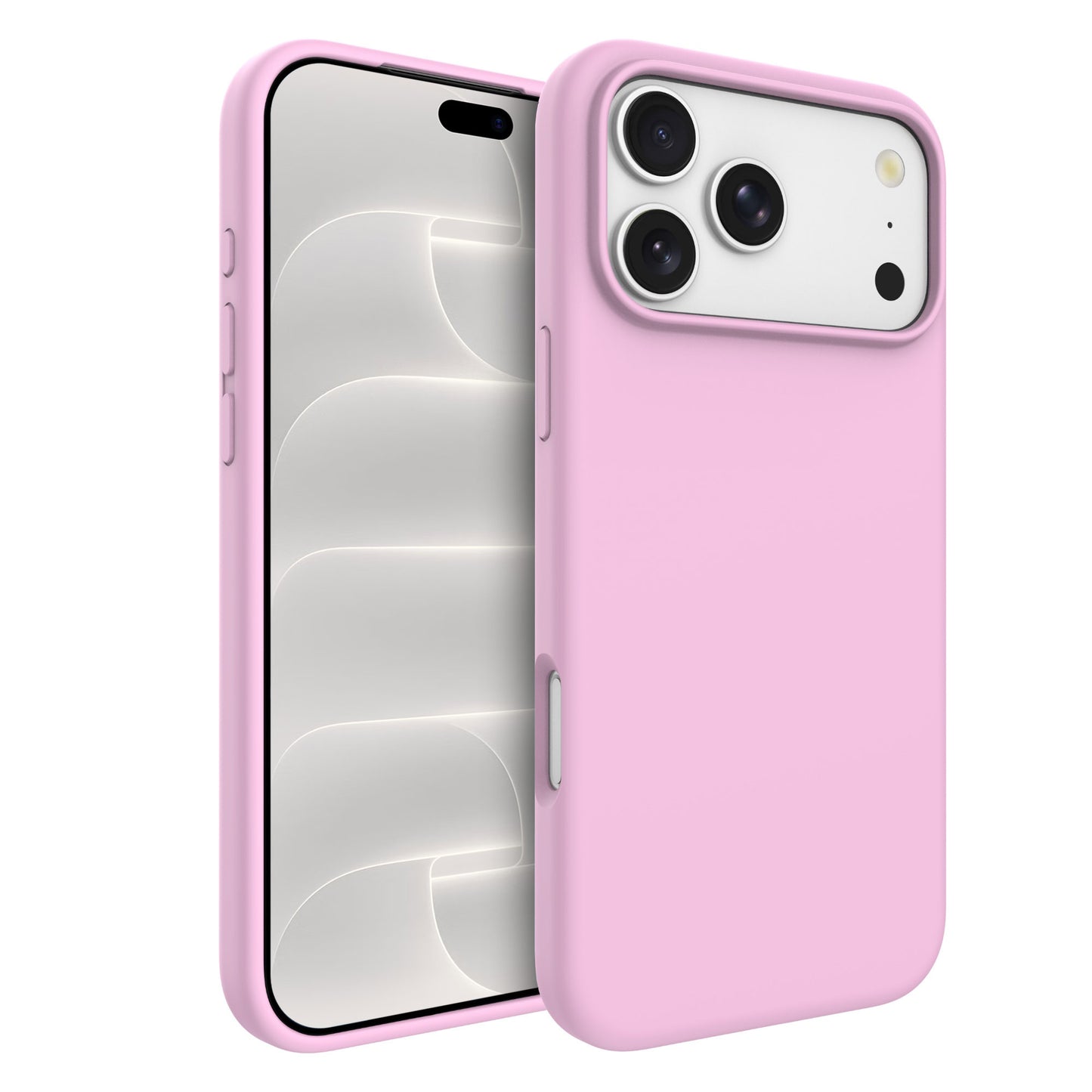 Ein Smartphone wird in der „Arktis iPhone 18 Pro Max Silikonhülle mit MagSafe Rosa“ von vorne und hinten gezeigt; die Hülle verfügt über drei Kameraobjektive und MagSafe-Unterstützung.