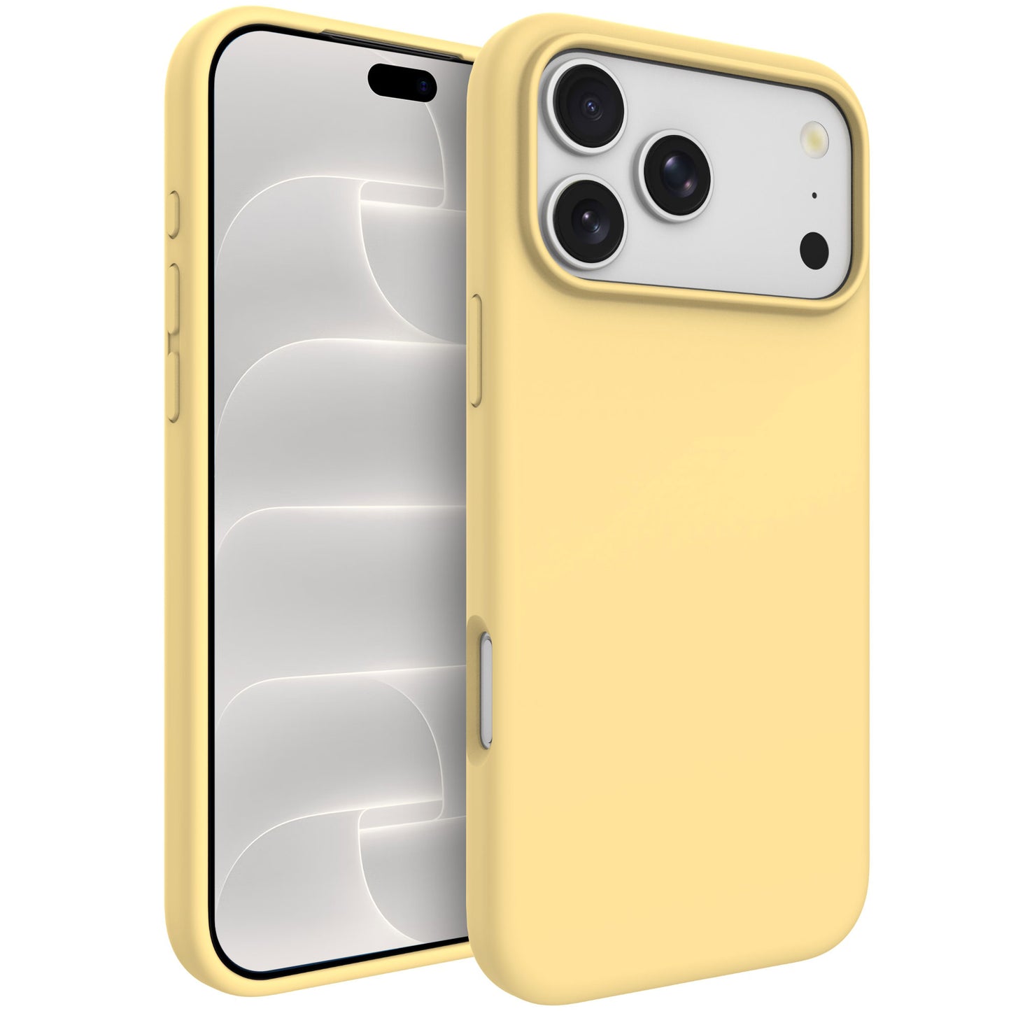 Die „arktis iPhone 18 Pro Silikonhülle mit MagSafe in Zitronengelb“ wird auf einem Smartphone präsentiert, wobei ihre leuchtend gelbe Farbe und die MagSafe-Unterstützung besonders hervorgehoben werden und das Frontdisplay sowie die Dreifach-Kamera auf der Rückseite vor einem weißen Hintergrund zur Geltung kommen. Diese Silikonhülle von arktis bietet sowohl Stil als auch zuverlässigen Schutz für Ihr Gerät.