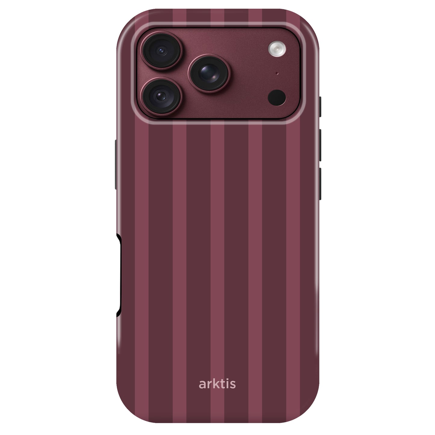 Arktis iPhone 18 Pro Hülle – Burgundy Stripes: Smartphone-Hülle mit vertikalen Streifen und Aussparung für die Dreifachkamera.