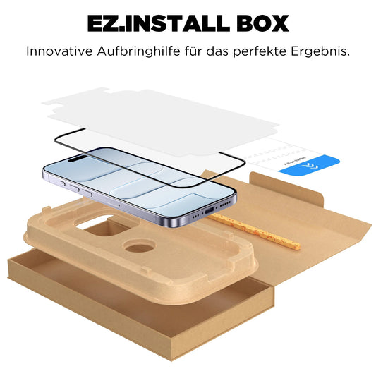Das arktis 2er Set iPhone Air REVOLUTION Glas-Displayschutz, Installationswerkzeug und Telefon werden über einer EZ.INSTALL Pappbox präsentiert.